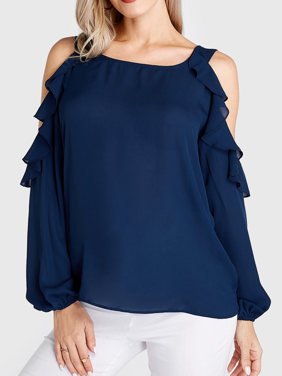 Navy Ruffle Trim Cold Shoulder Langarmbluse günstig online kaufen