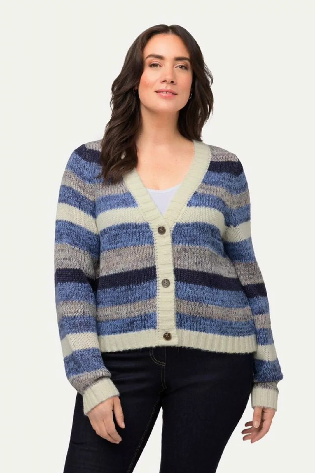 Ulla Popken Cardigan Strickjacke Streifen kurz V-Ausschnitt Langarm günstig online kaufen