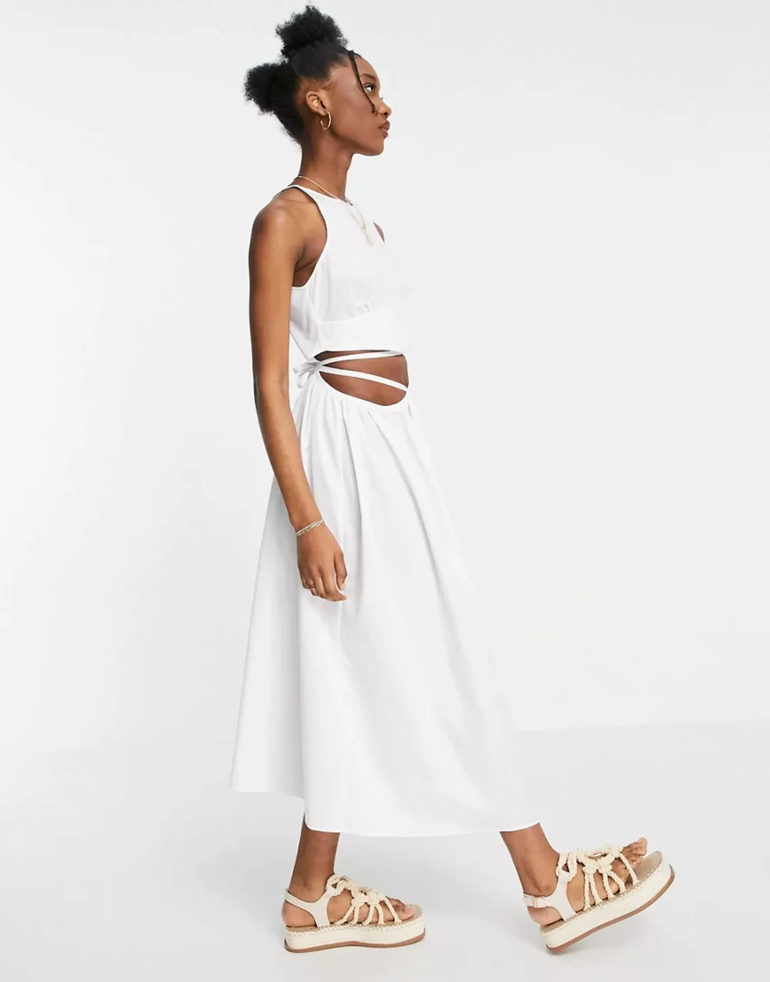 ASOS DESIGN – Weißes Midi-Sommerkleid aus Baumwoll-Popeline mit Wickelgürte günstig online kaufen