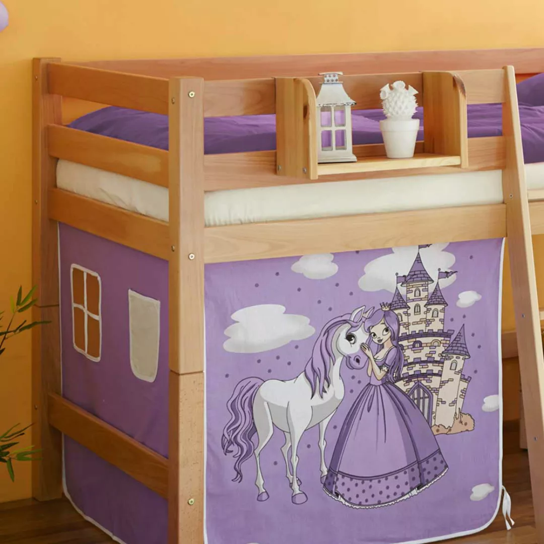 Halbhohes Bett aus Buche Massivholz Vorhang im Prinzessin Design günstig online kaufen