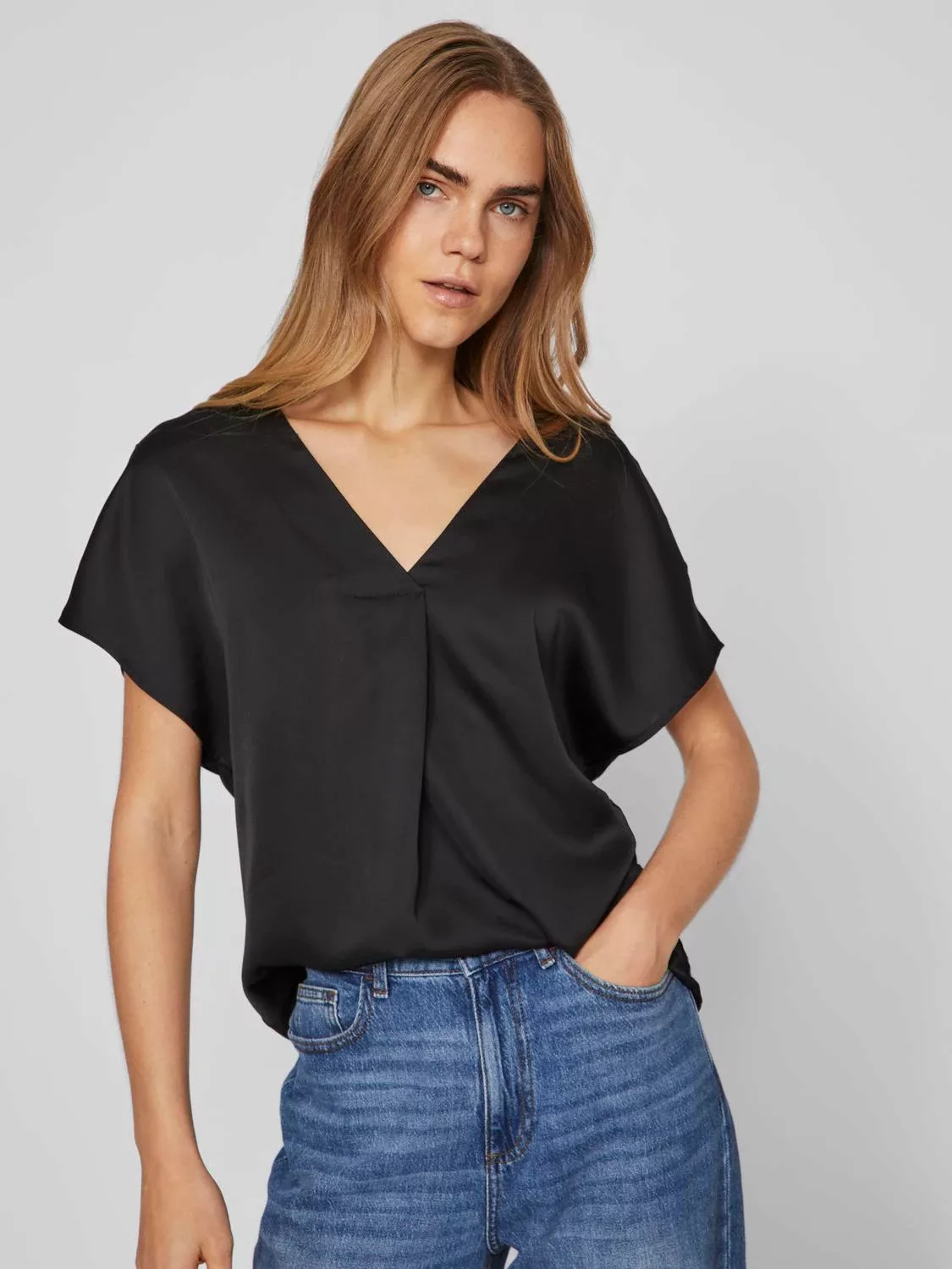 Vila Blusenshirt Satin Blusen Shirt Top Glänzendes Kurzarm Oberteil 7126 in günstig online kaufen