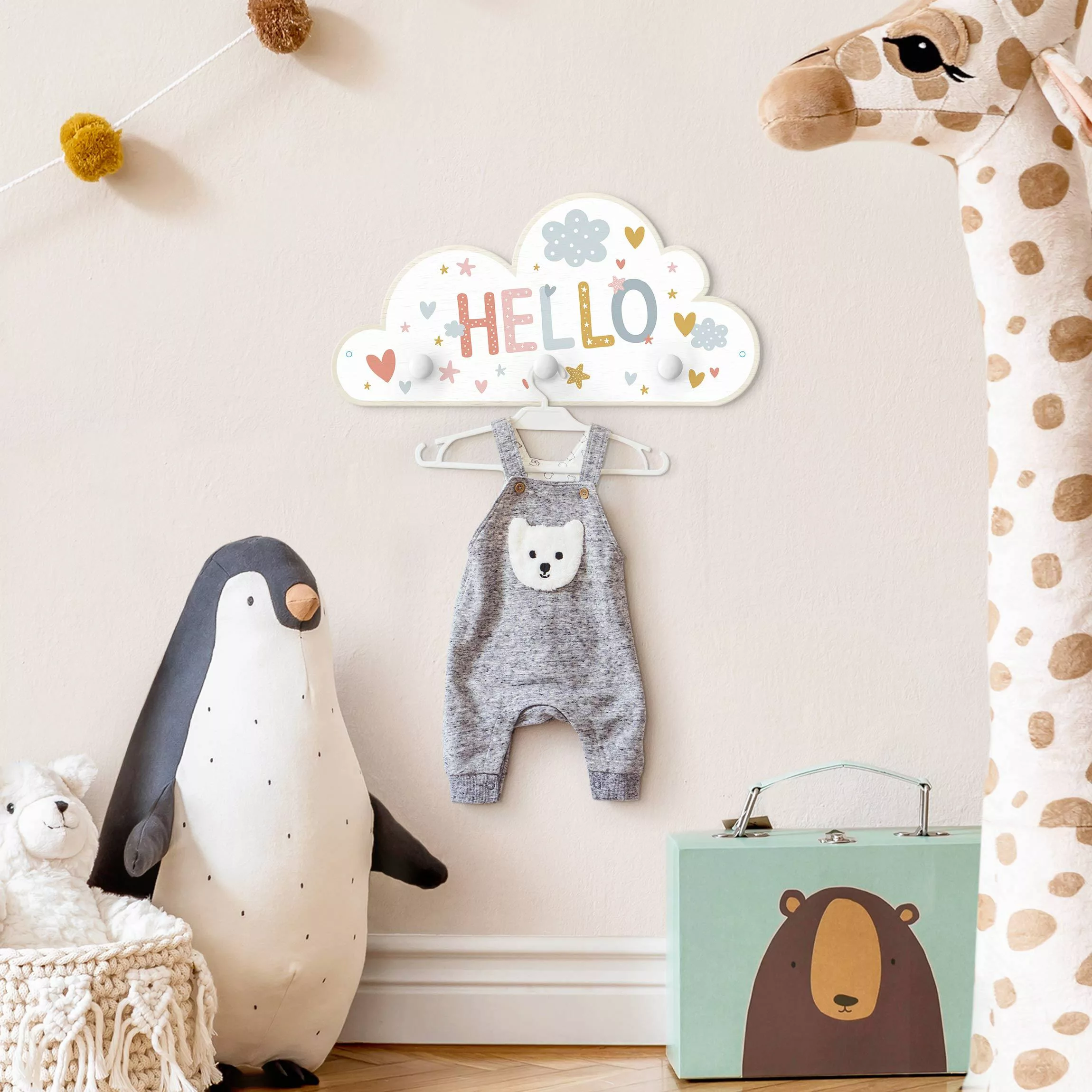 Kindergarderobe Holz Hello - Herzen Sterne Wolken günstig online kaufen