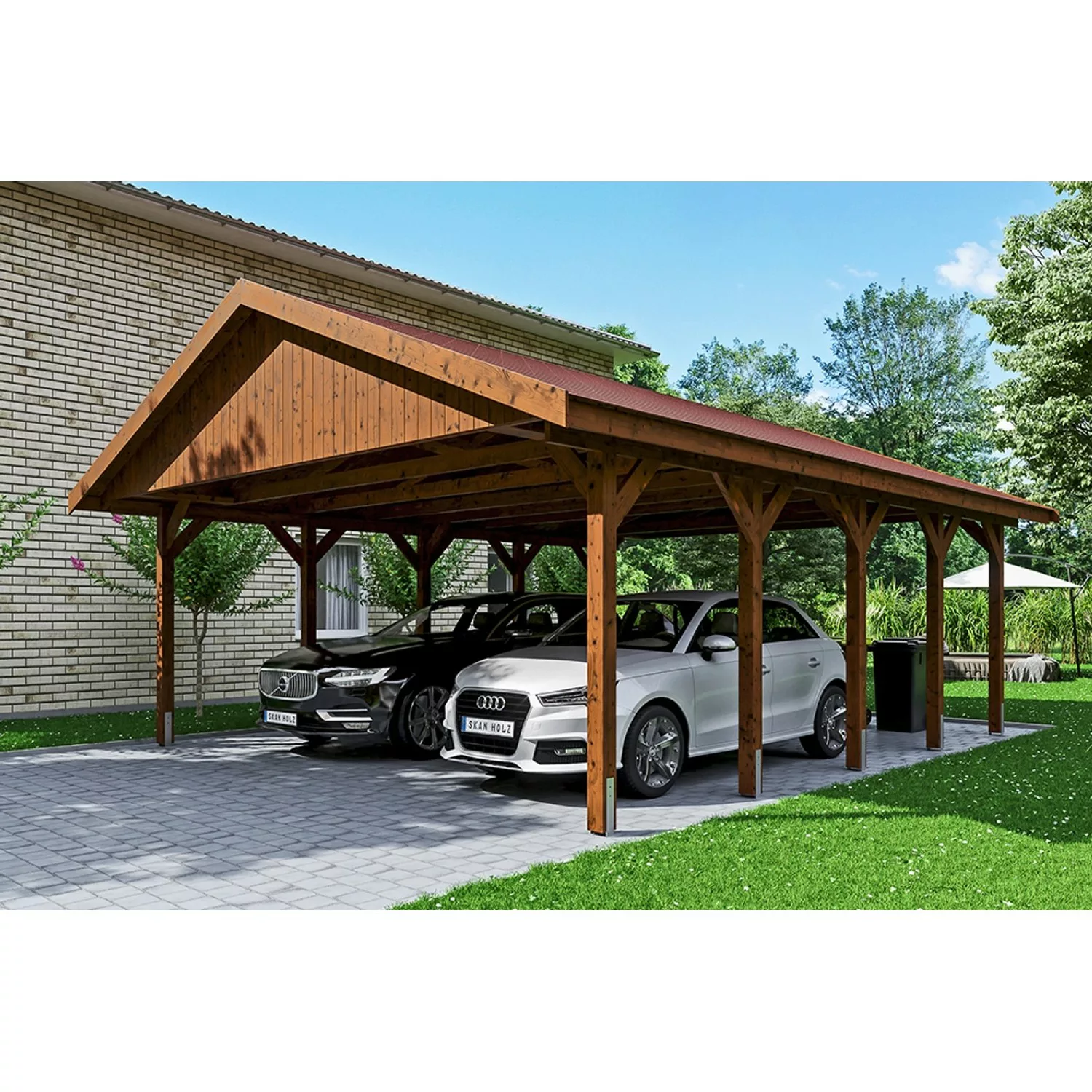 Satteldach-Carport Wallgau Nussbaum 620 x 750 cm rote Schindeln günstig online kaufen