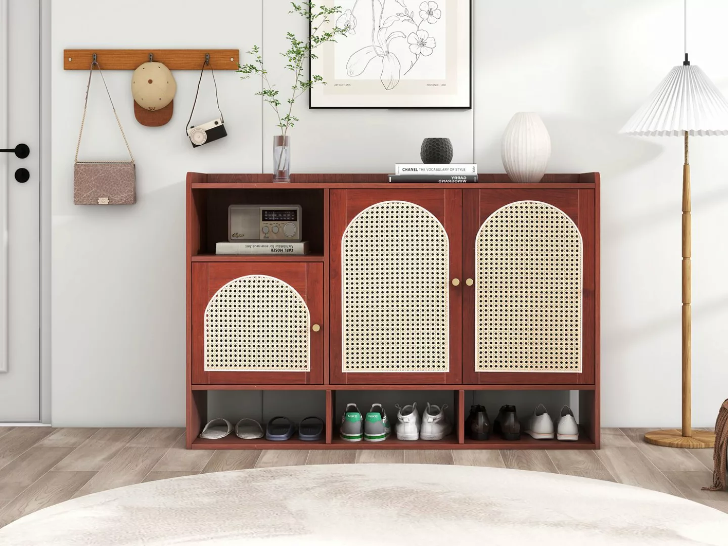 IDEASY Fächerschrank Sideboard aus Walnuss-Rattan, 3 gewölbte Rattantüren, günstig online kaufen