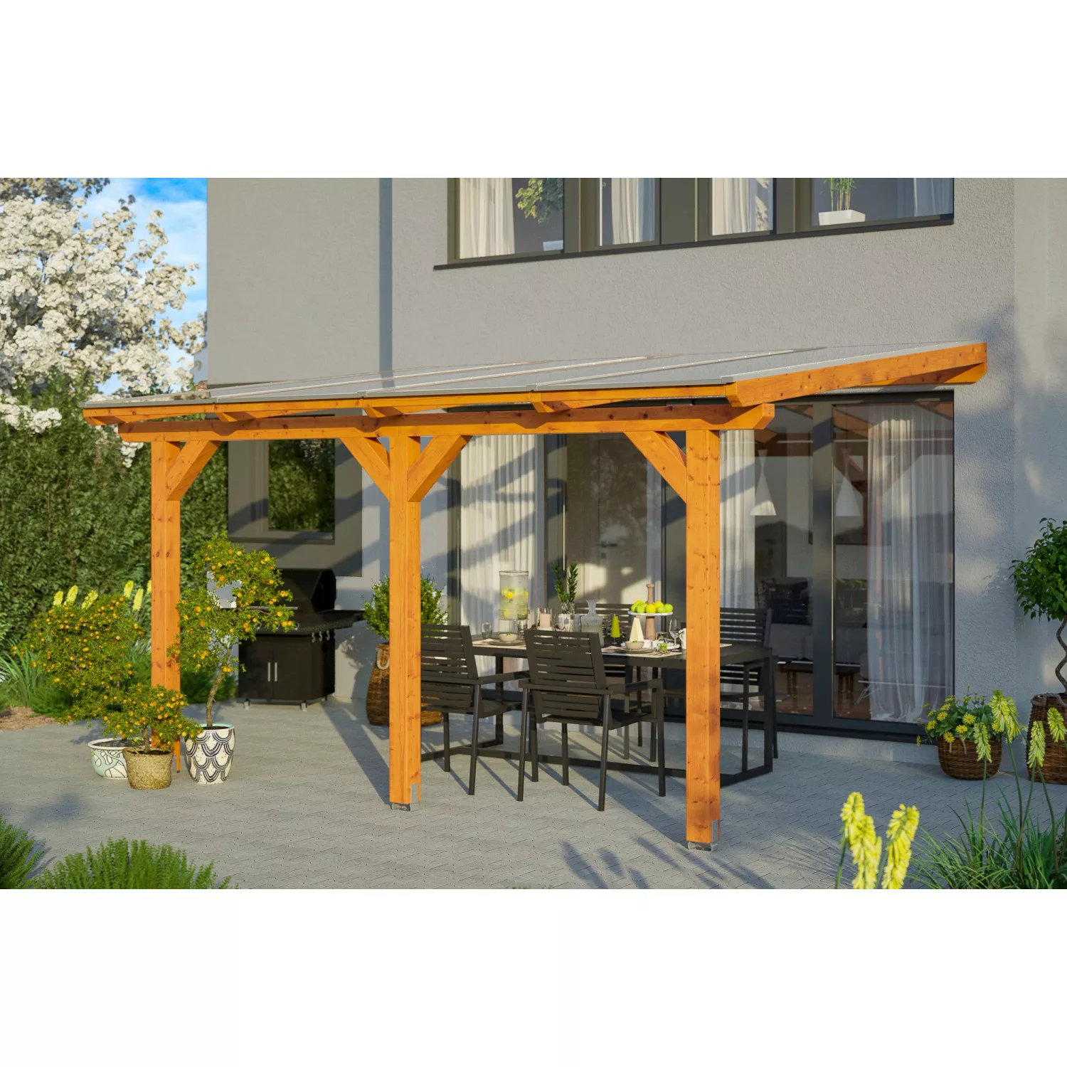 Skan Holz Terrassenüberdachung Bormio 434 cm x 300 cm Leimholz Eiche Hell günstig online kaufen