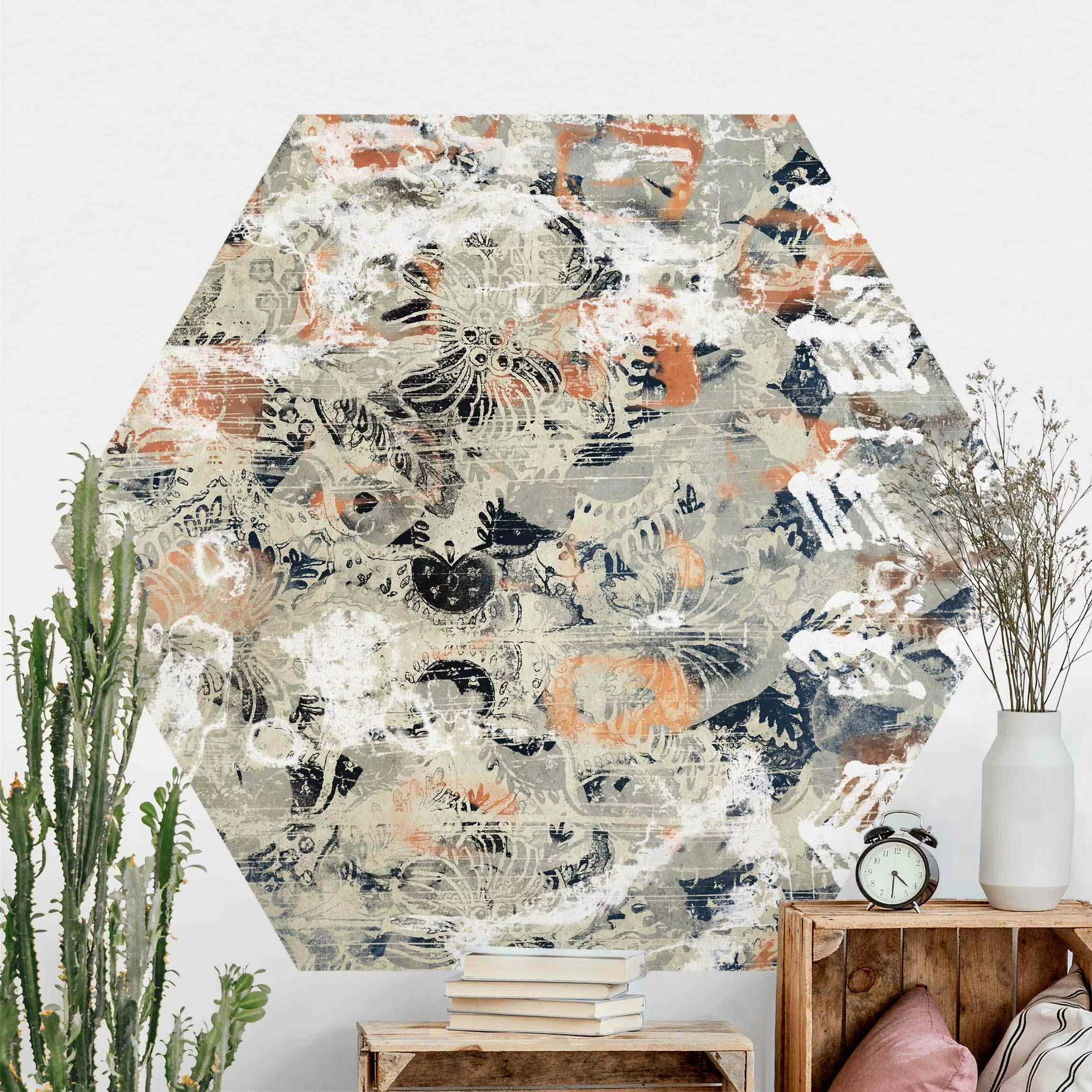 Hexagon Mustertapete selbstklebend Terracotta Collage II günstig online kaufen