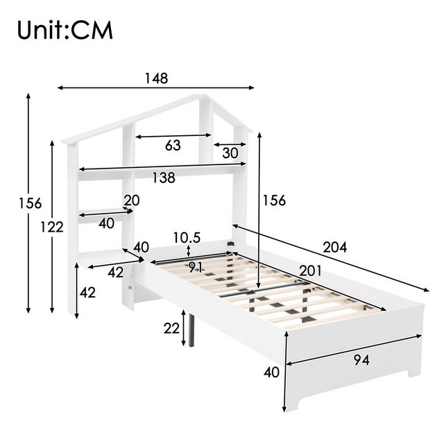 Flieks Kinderbett, Einzelbett Holzbett 90x200cm mit Bücherregale, faltbarem günstig online kaufen