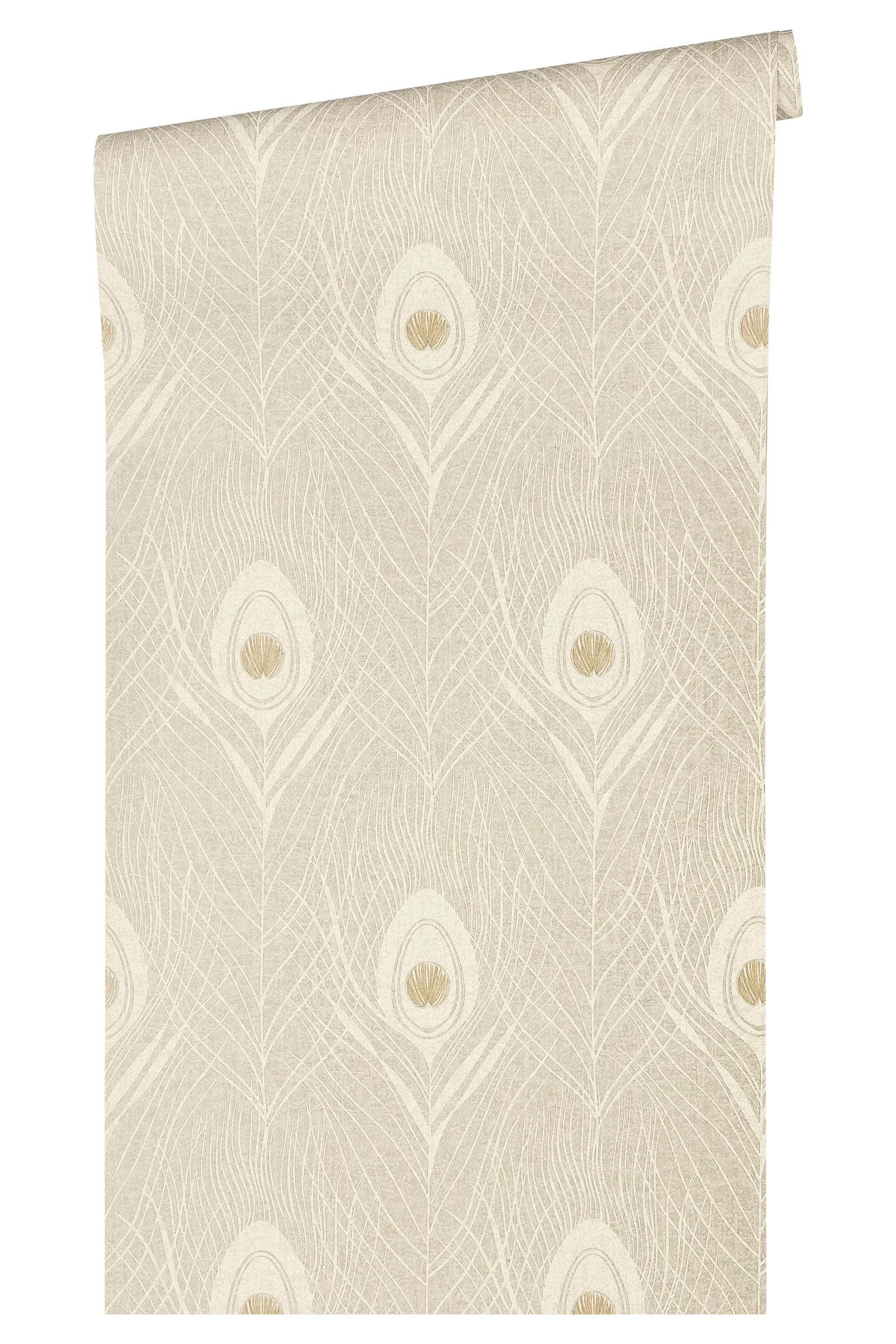 Bricoflor Elegante Tapete mit Pfauenfeder Creme Tapete Ideal für Schlafzimm günstig online kaufen