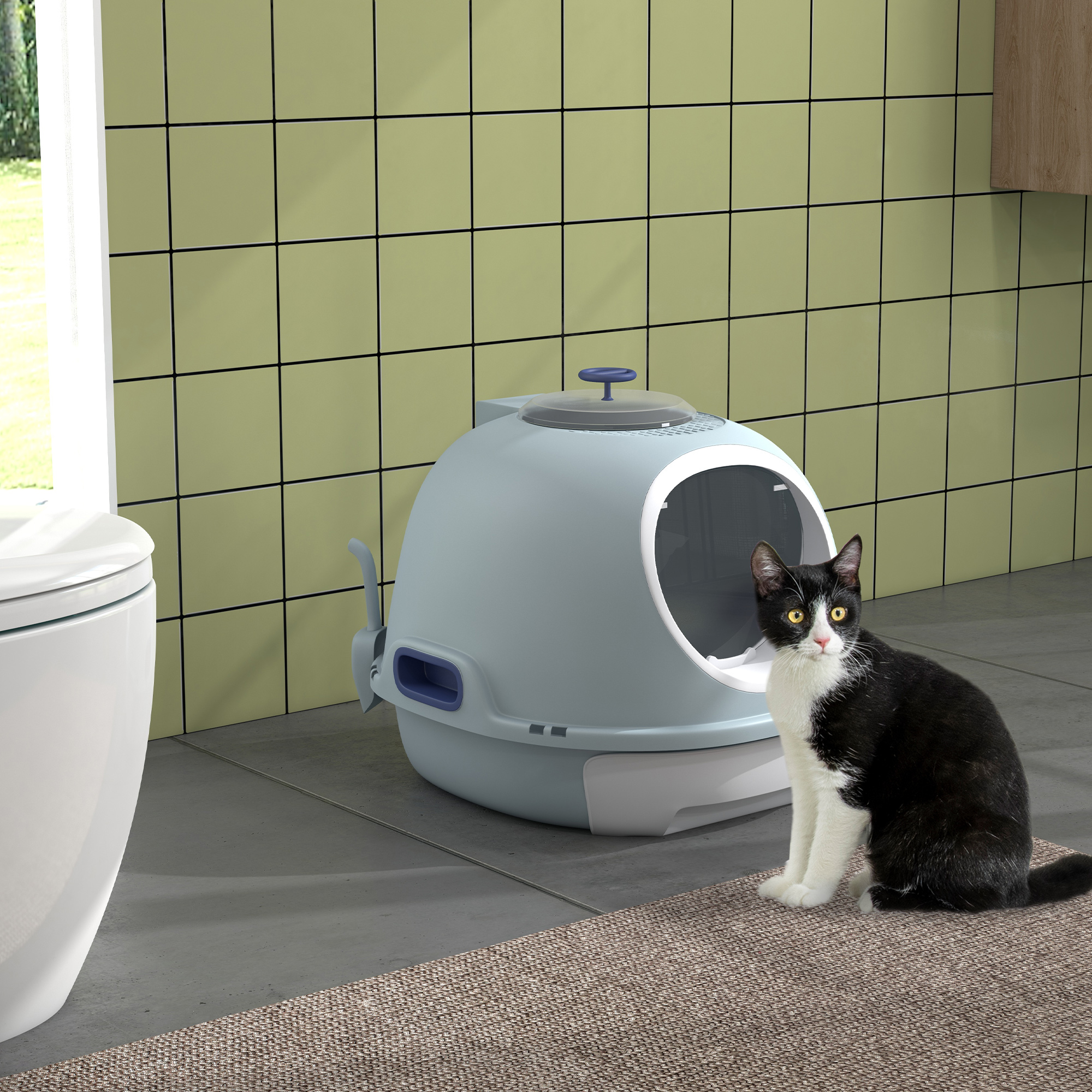 PawHut Katzentoilette mit Dachfenster & Schaufel  Tragbar, PP ABS, See-Blau günstig online kaufen