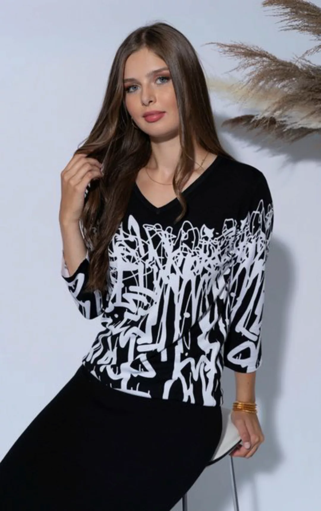 Passioni 3/4 Arm-Pullover Schwarz-Weiß Pullover mit abstrakter Bemalung in günstig online kaufen