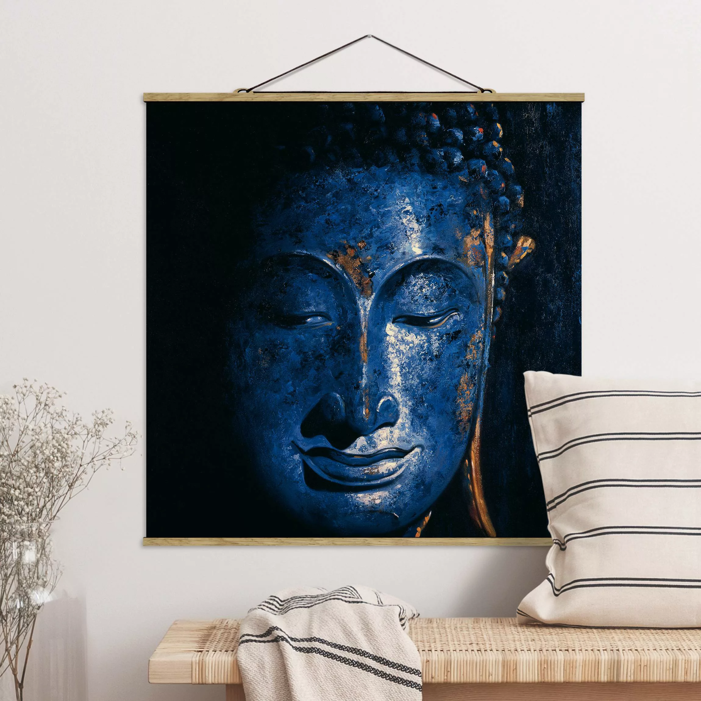 Stoffbild Buddha mit Posterleisten - Quadrat Delhi Buddha günstig online kaufen