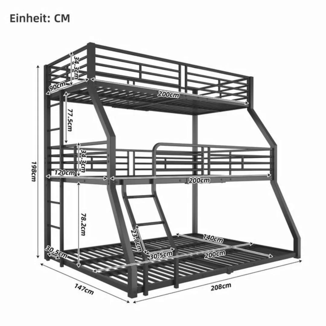 Flieks Etagenbett, Dreierbett Metallbett Kinderbett 90x200cm+120x200cm+140x günstig online kaufen