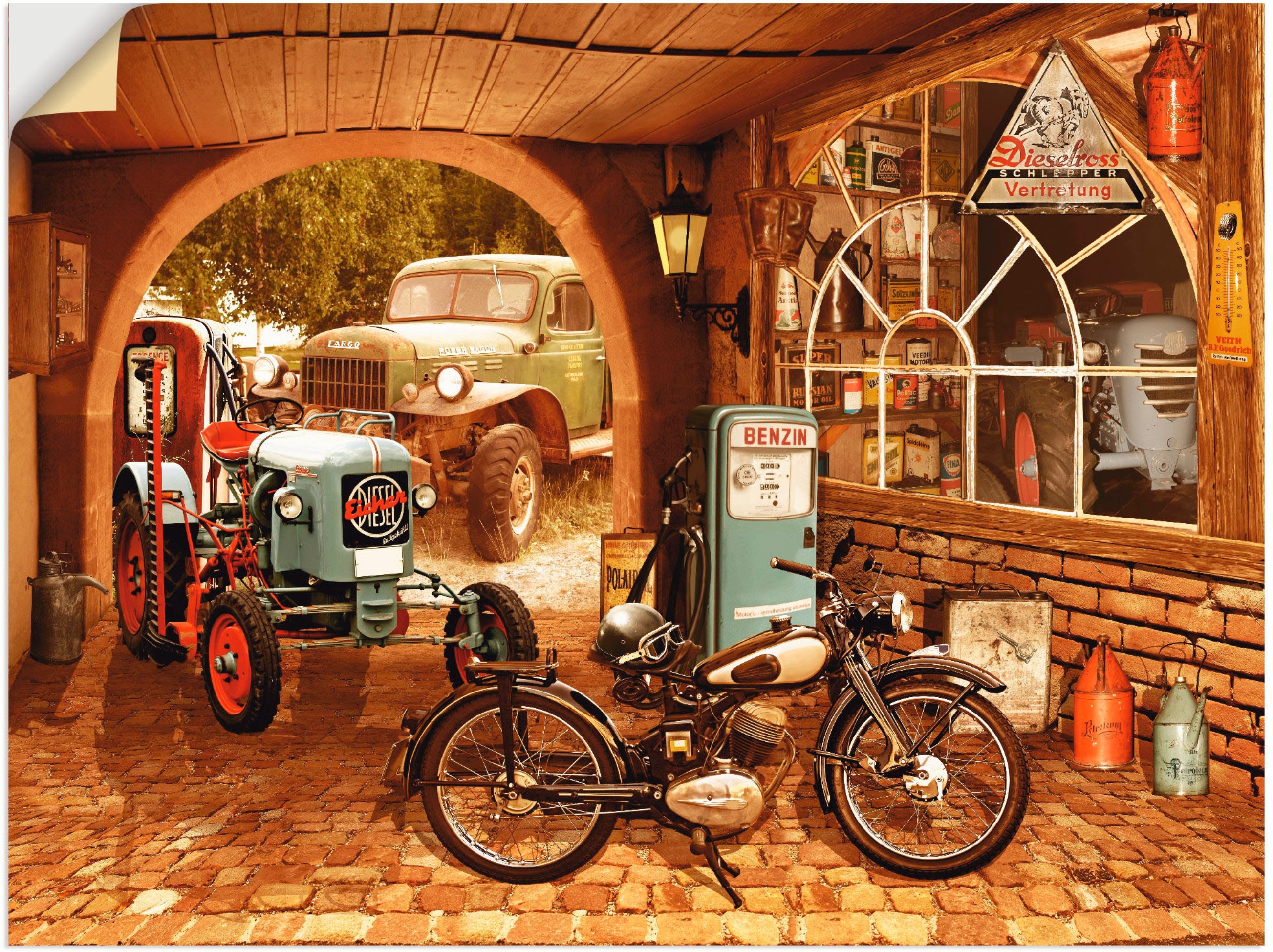 Artland Wandbild "Werkstatt mit Traktor und Motorrad", Traktoren, (1 St.), günstig online kaufen