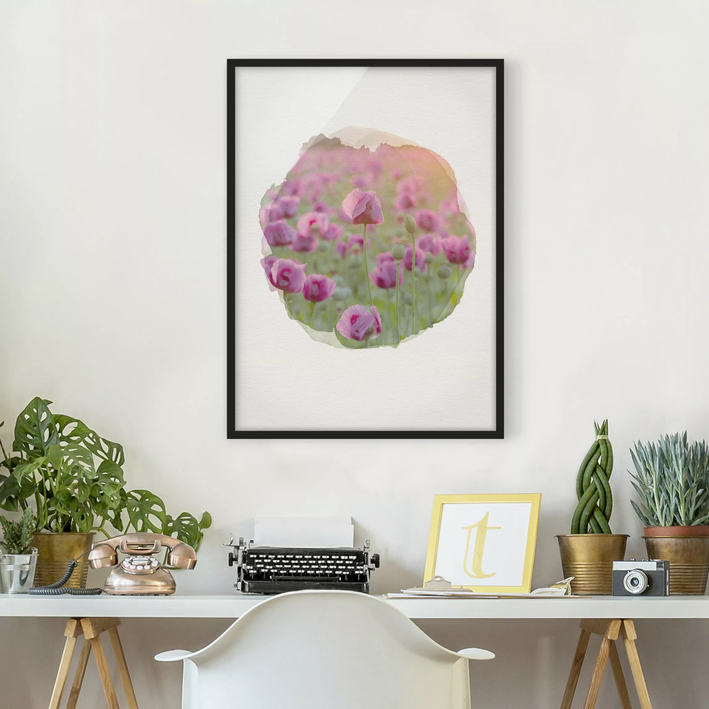 Bild mit Rahmen Blumen - Hochformat Wasserfarben - Violette Schlafmohn Blum günstig online kaufen