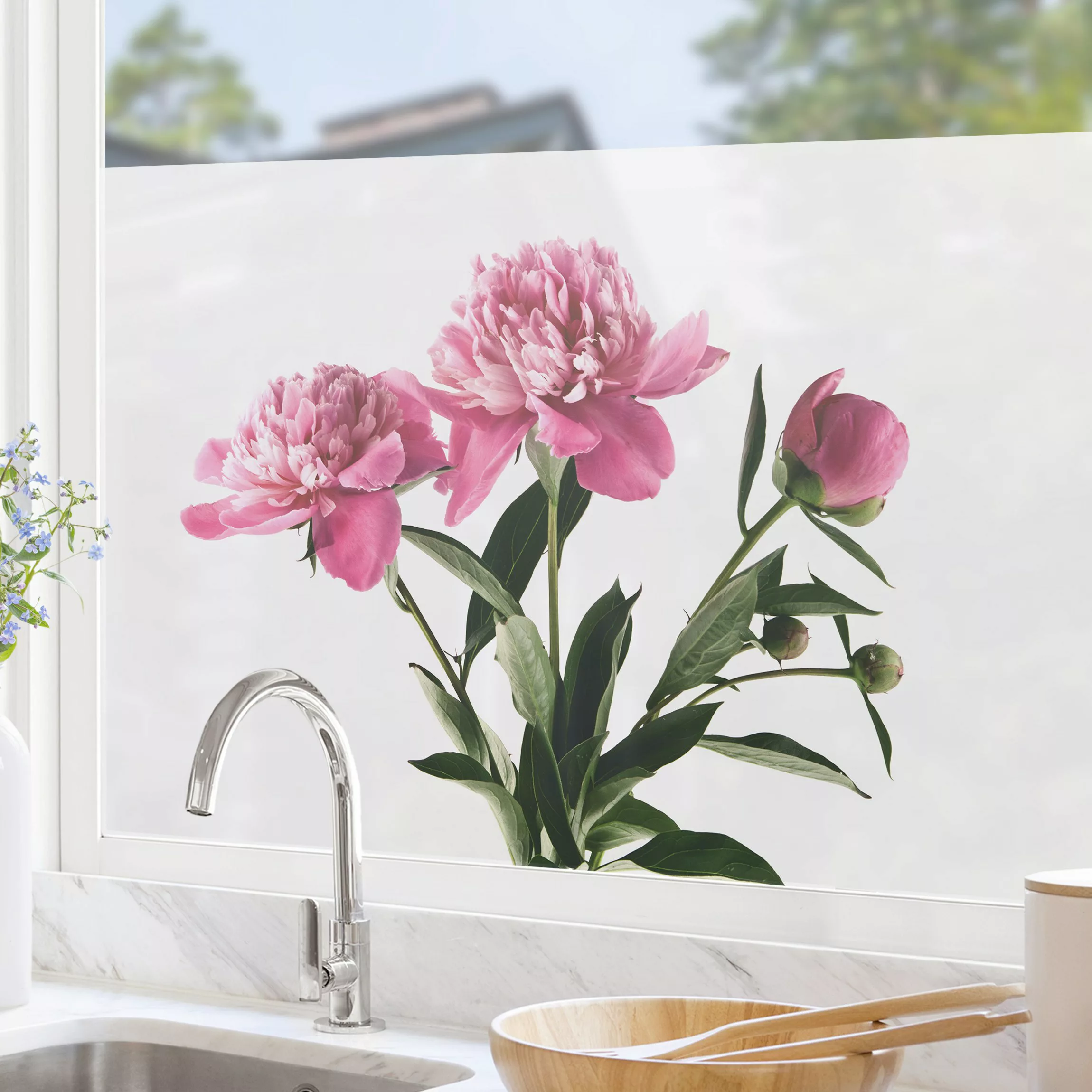 Fensterfolie Blüten und Knospen Pink auf Weiß günstig online kaufen