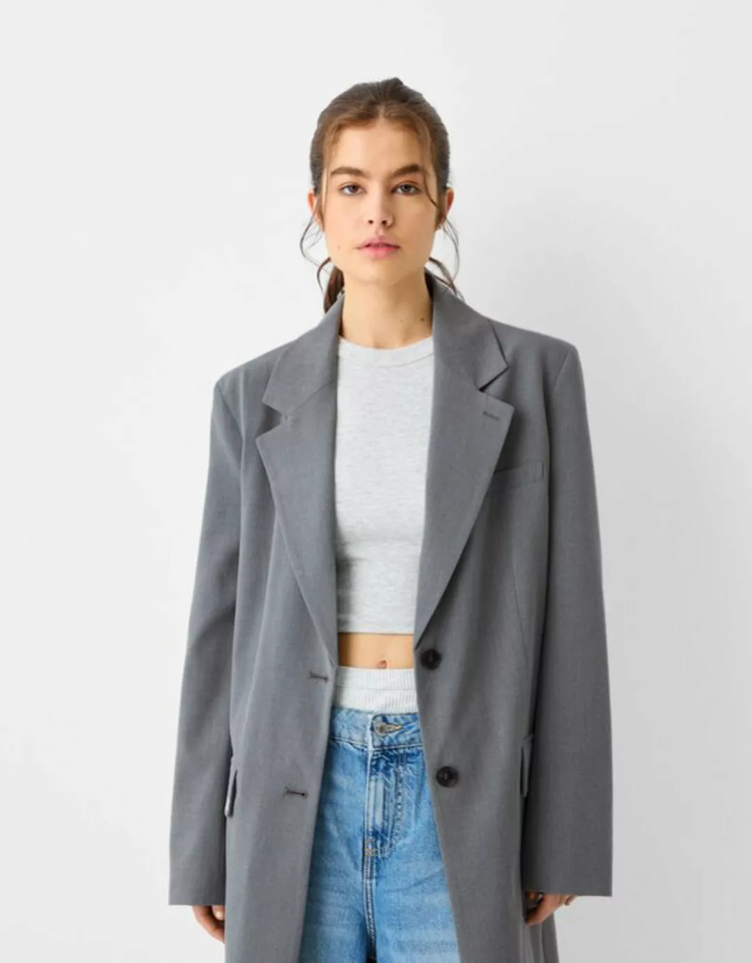 Bershka Langer Mantel Damen L Grau günstig online kaufen