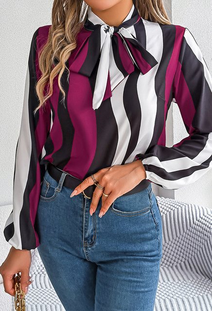 CHENIN Langarmhemd Damen Clashing Stripe Tie Lantern Sleeve Chiffon Bluse T günstig online kaufen