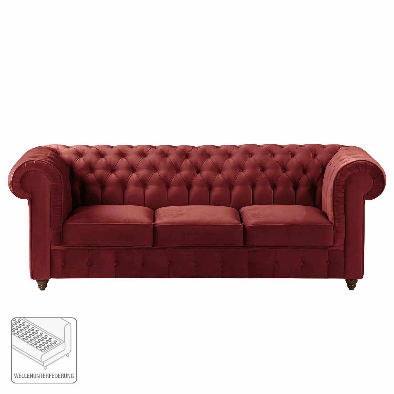 home24 Maison Belfort Sofa Pintano 3-Sitzer Rot Samt 223x77x92 cm günstig online kaufen