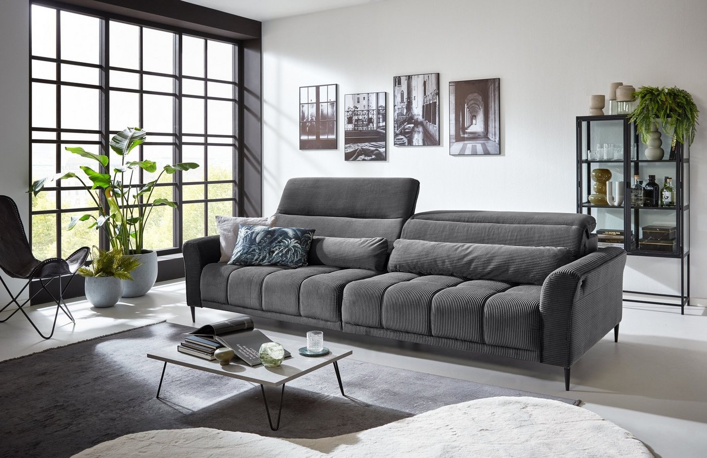 Iwaniccy Big-Sofa 2x elektr. Verstellung, 2 Kissen, Cord grau - 280x108x118 günstig online kaufen