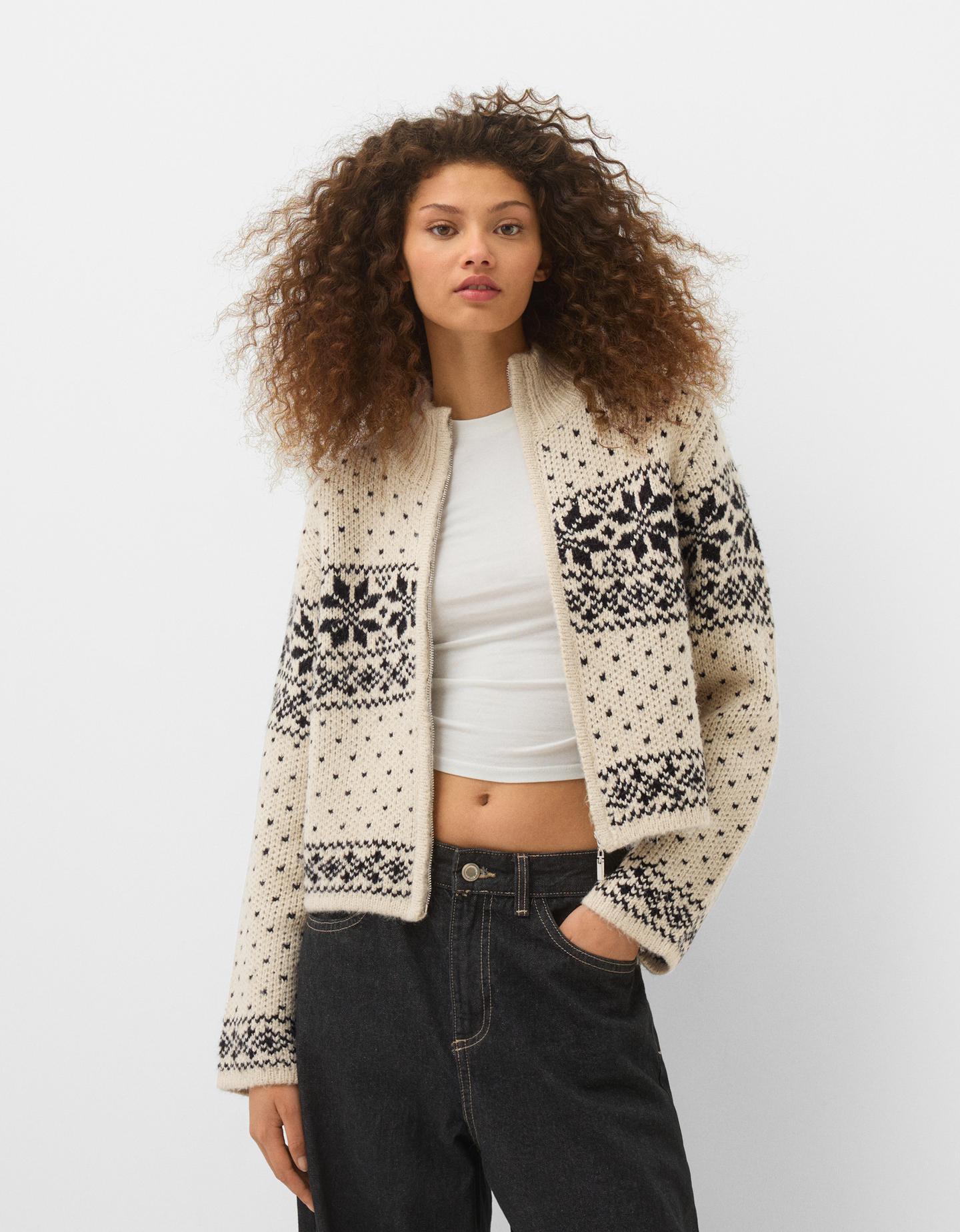 Bershka Jacke Aus Jacquard Mit Reißverschluss Und Stehkragen Damen Xs-S San günstig online kaufen