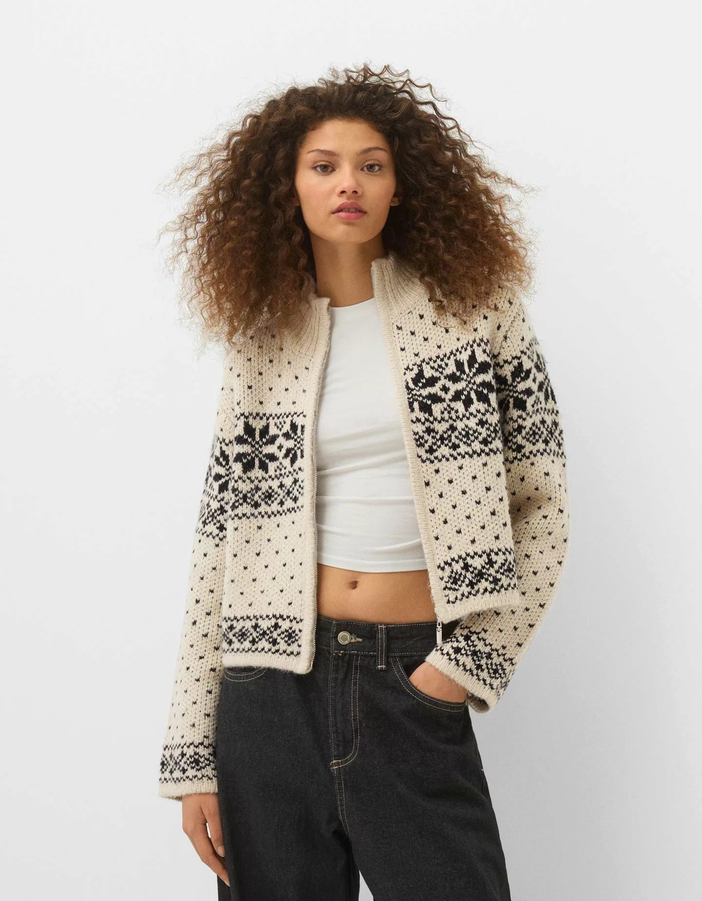 Bershka Jacke Aus Jacquard Mit Reißverschluss Und Stehkragen Damen M-L Sand günstig online kaufen