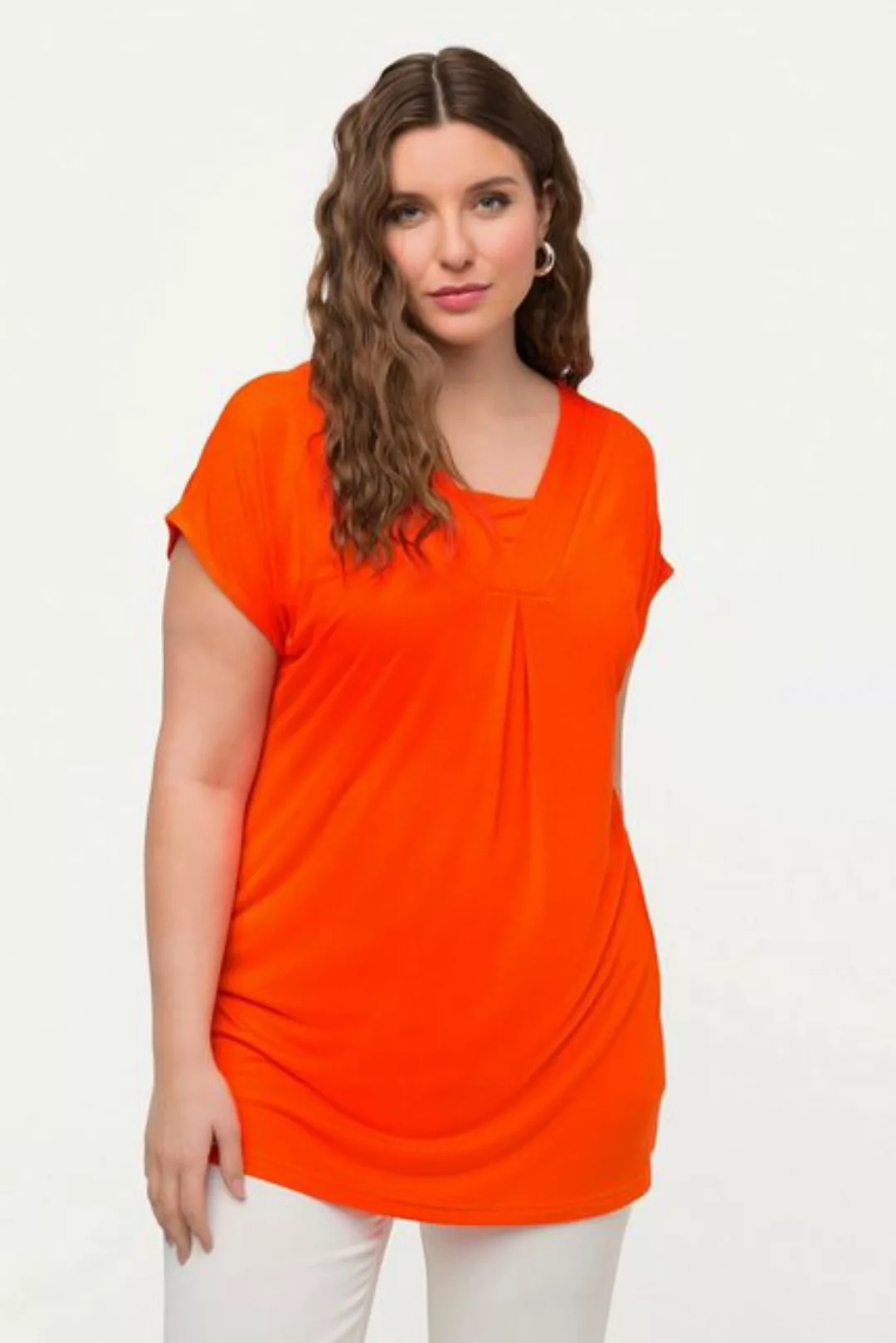 Ulla Popken Rundhalsshirt T-Shirt Zierfalte Oversized V-Ausschnitt Halbarm günstig online kaufen