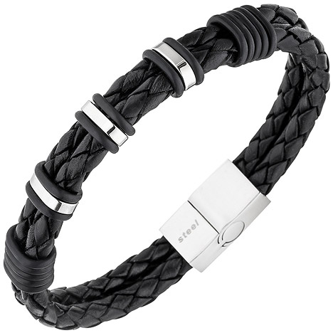 SIGO Herren Armband 2-reihig Leder schwarz mit Edelstahl 21 cm Herrenarmban günstig online kaufen