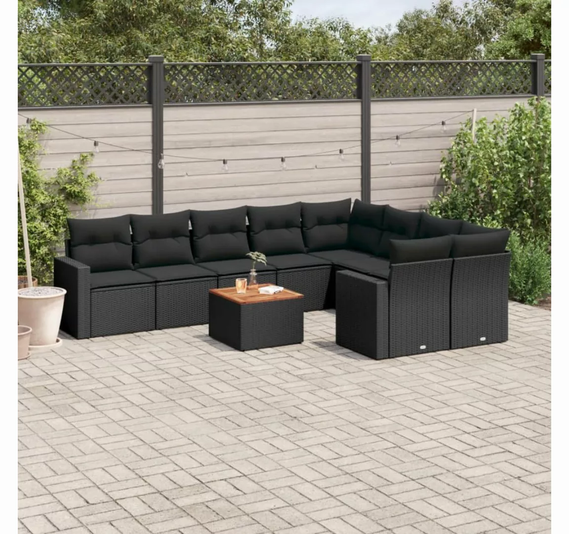 vidaXL Loungesofa 10-tlg. Garten-Sofagarnitur mit Kissen Schwarz Poly Ratta günstig online kaufen