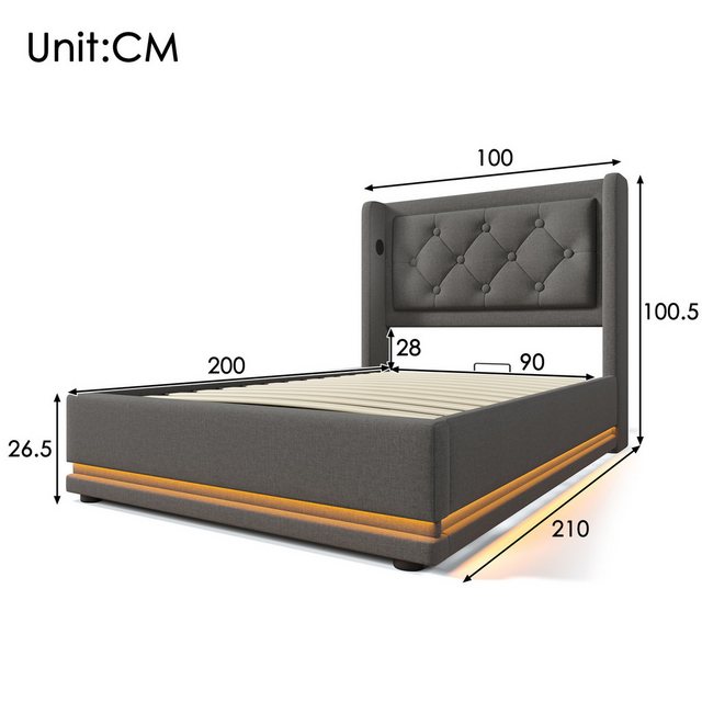 HAUSS SPLOE Polsterbett 90x200 Hydraulisches Stauraum mit Ladefunktion, LED günstig online kaufen