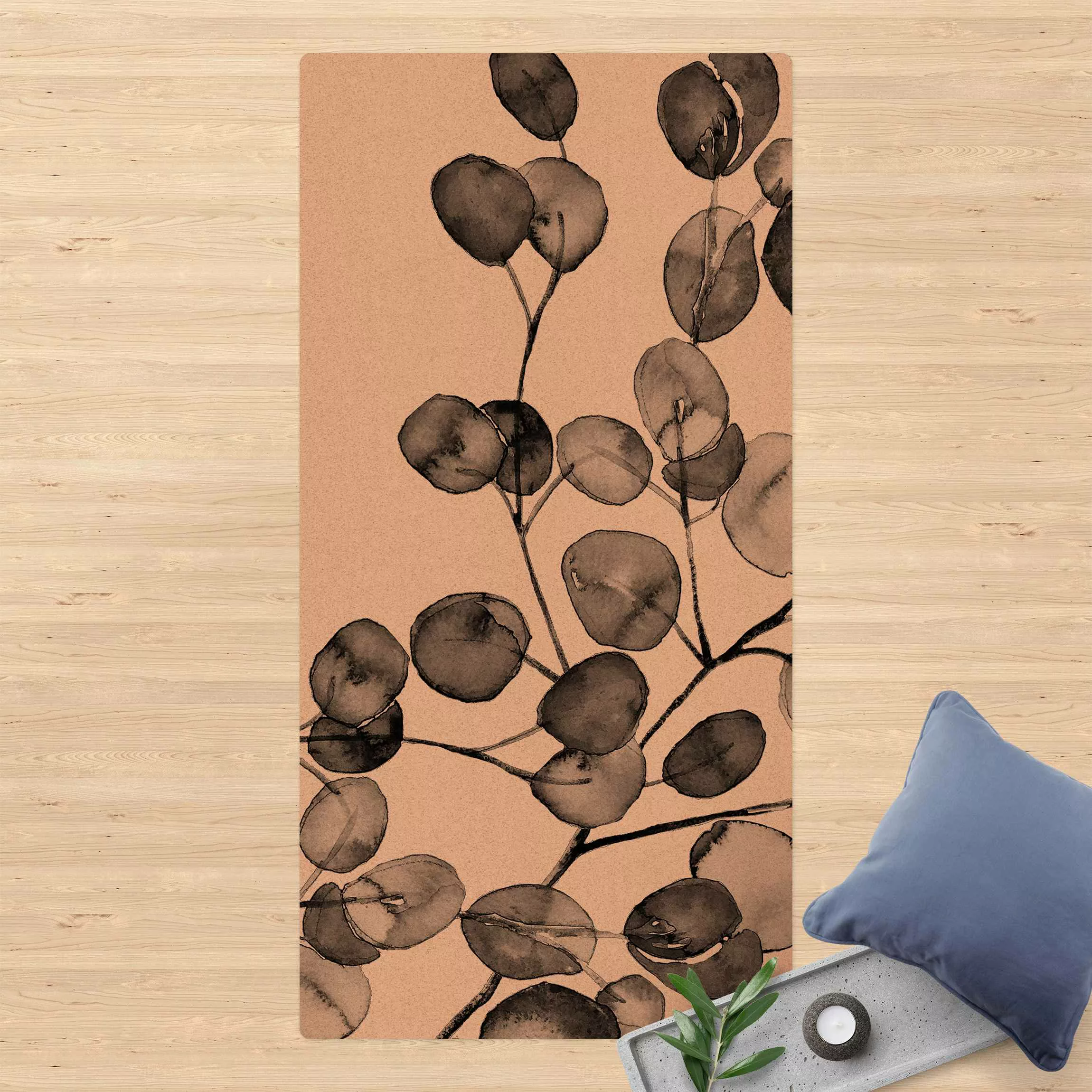 Kork-Teppich Schwarz Weiß Aquarell Eukalyptuszweig günstig online kaufen
