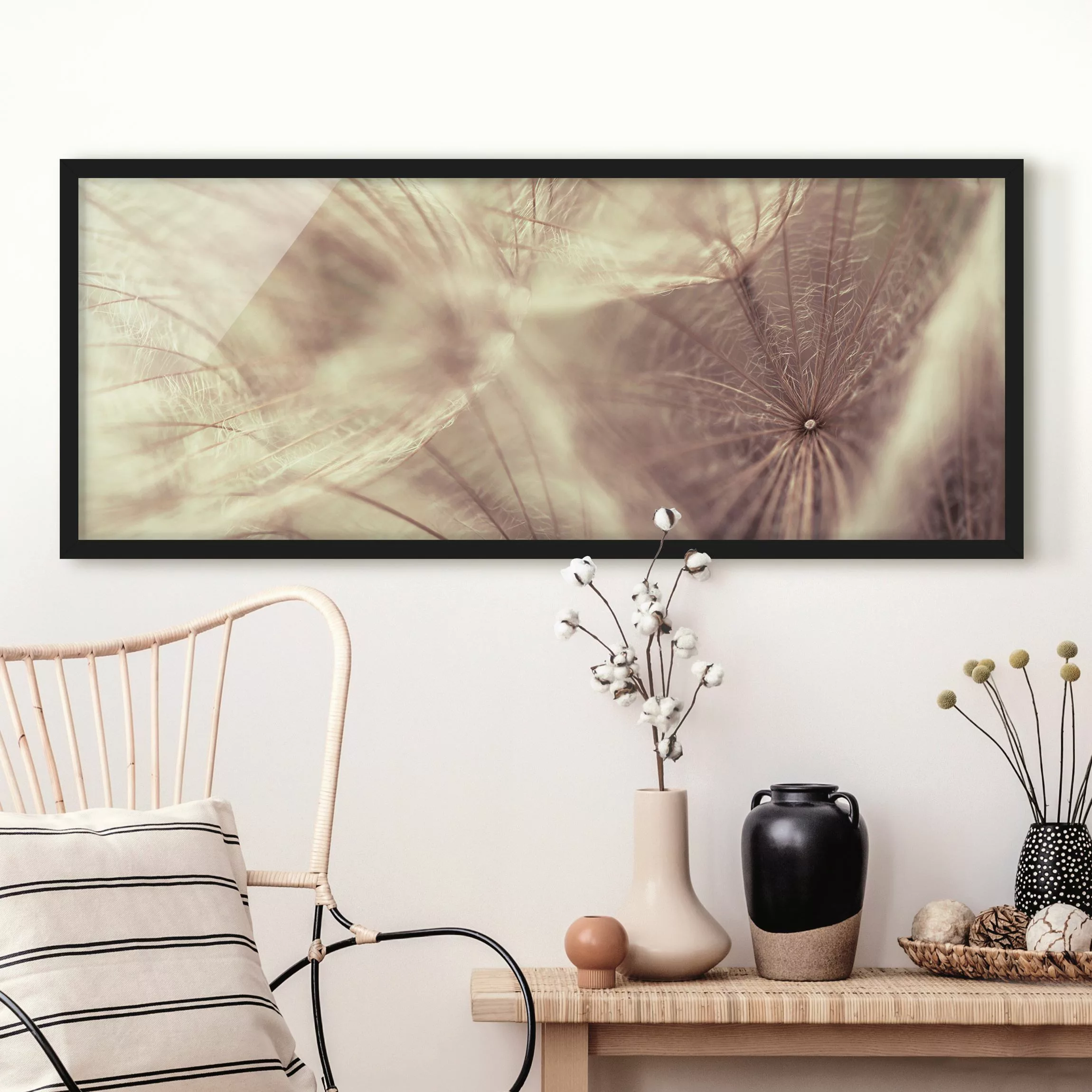 Bild mit Rahmen Blumen - Panorama Detailreiche Pusteblumen Makroaufnahme mi günstig online kaufen