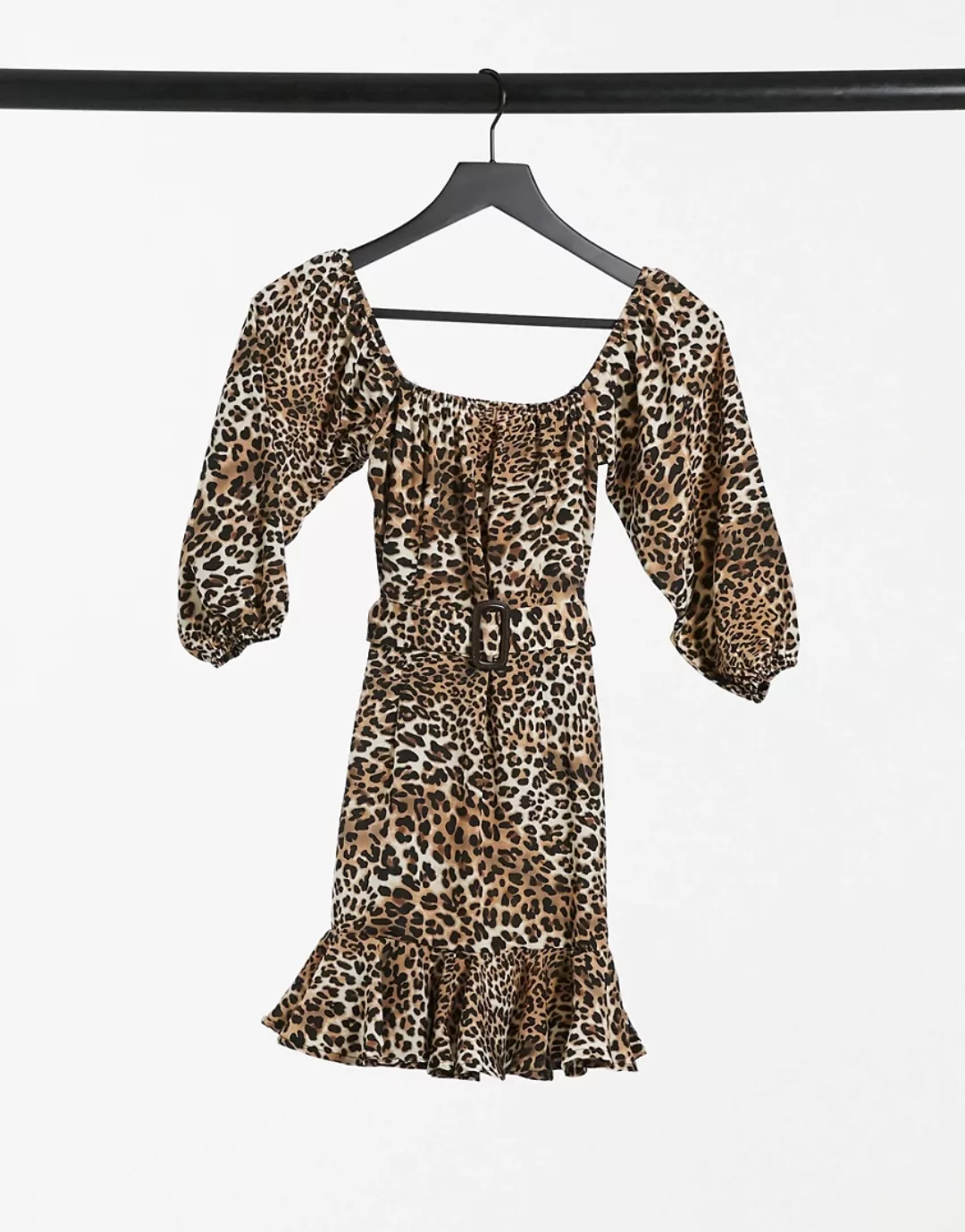 I Saw It First – Bardot-Minikleid mit Rüschen und Gürtel in Leopardenmuster günstig online kaufen