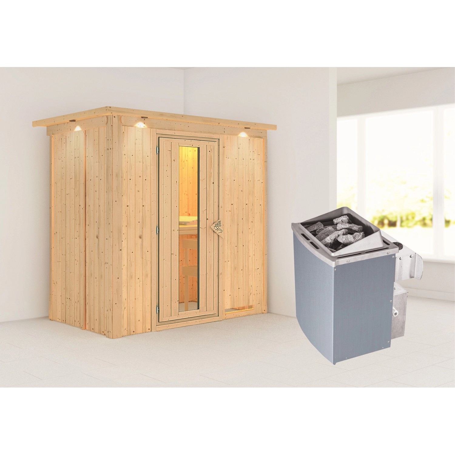 Karibu Sauna Vera + Ofen eing. Strg., Holz-Glastür, LED-Dachkranz günstig online kaufen