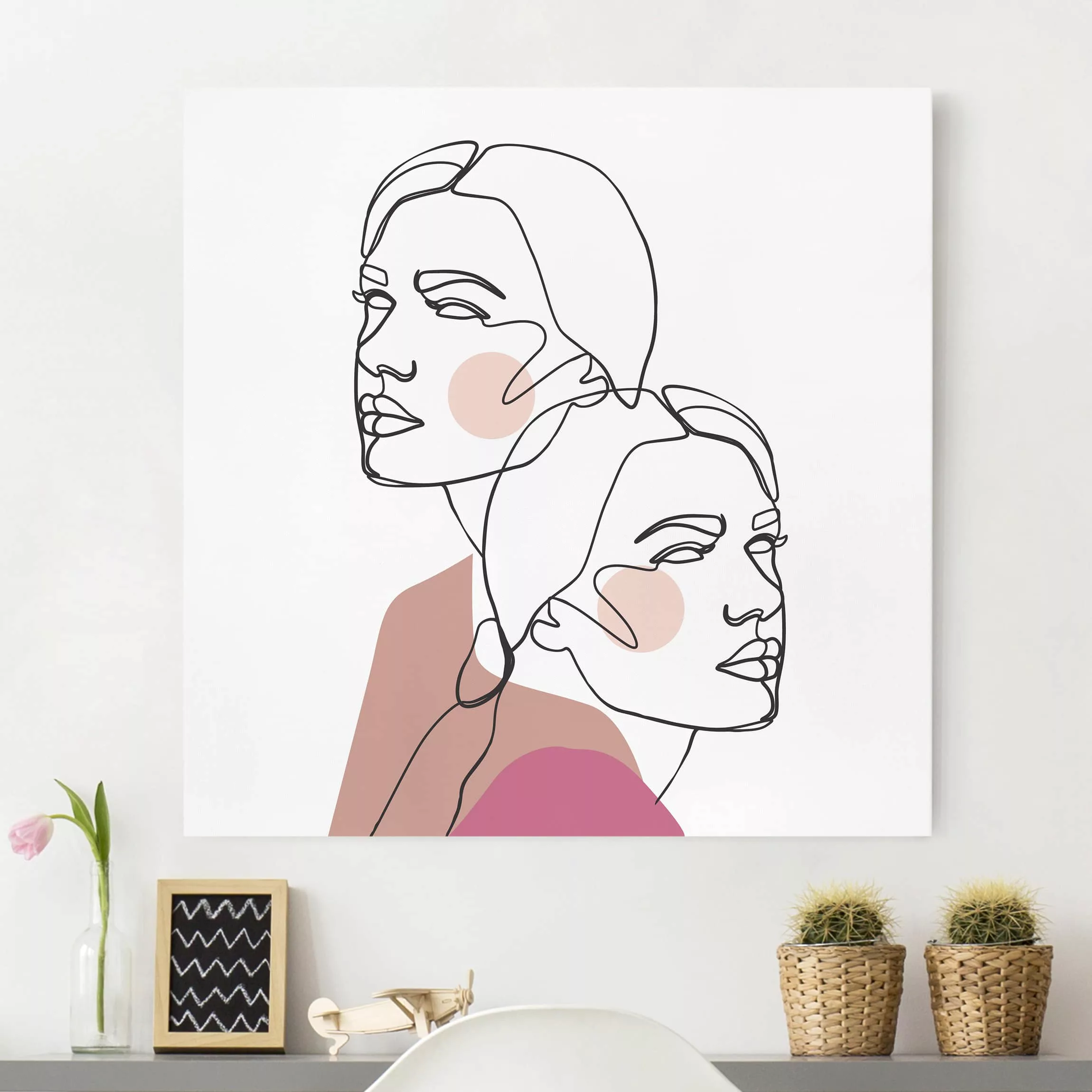 Leinwandbild Portrait - Quadrat Line Art Frauen Portrait Wangen Rosa günstig online kaufen