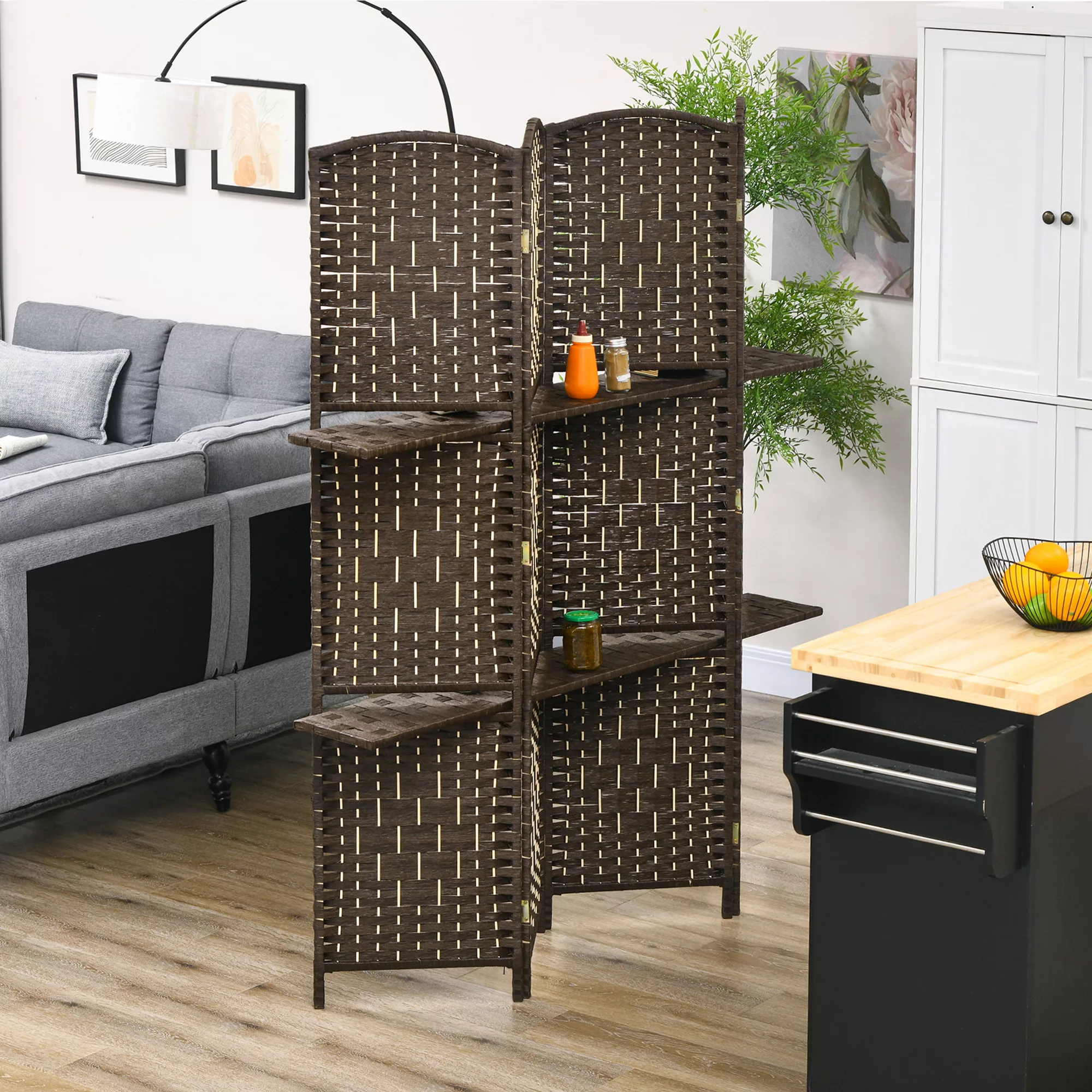 HOMCOM Raumteiler 4 Paneele 160 x 170 cm mit 2 Regalen, klappbar, aus Holz günstig online kaufen