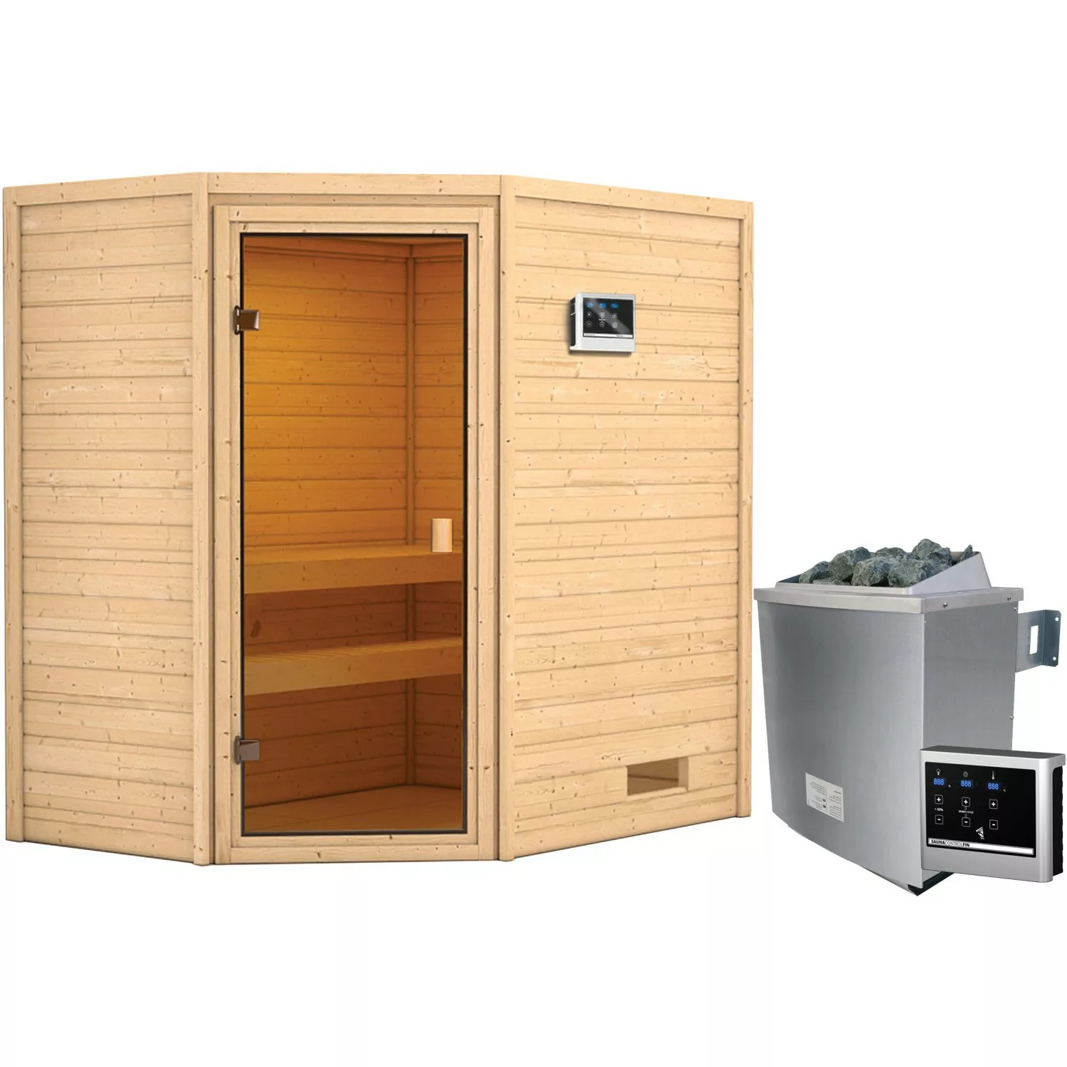 Woodfeeling Sauna Jella inkl. 9 kW Ofen mit ext. Strg., Glastür Bronziert günstig online kaufen