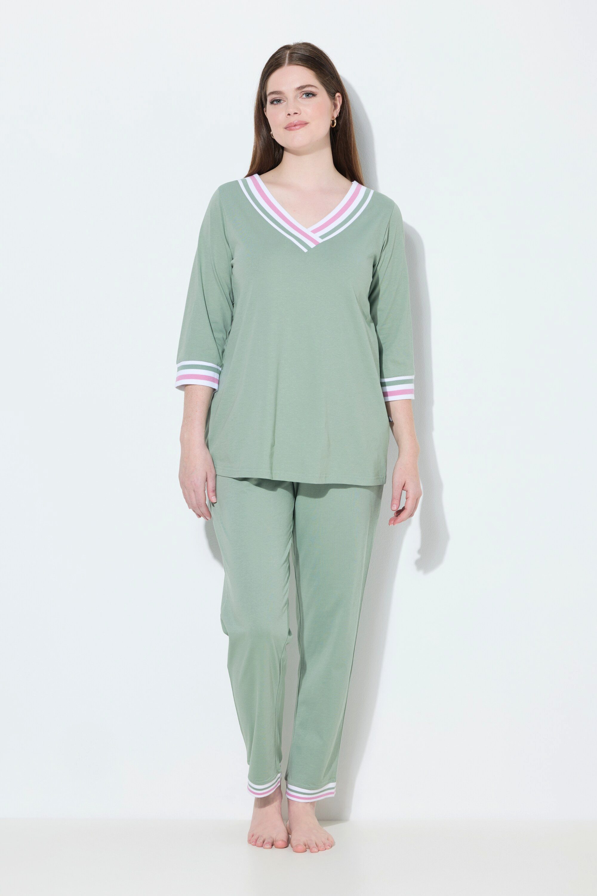 Ulla Popken Pyjama Schlafanzug Streifendetails V-Ausschnitt günstig online kaufen