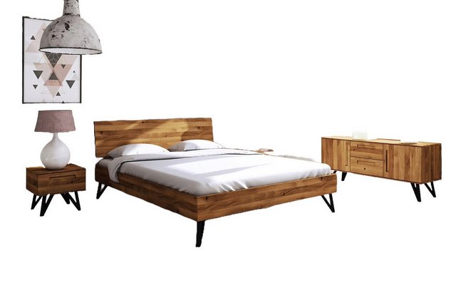 Natur24 Bett Bett Rolo 2 in 180x200cm Wildeiche massiv Holzkopfteil und Met günstig online kaufen