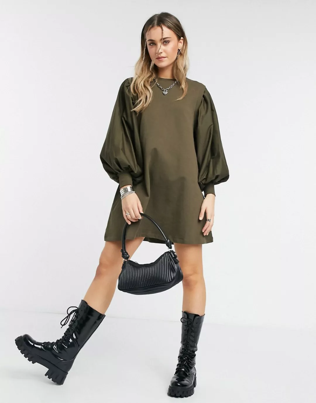 ASOS DESIGN – Mini-Sweatkleid mit Puffärmeln in Khaki-Grün günstig online kaufen