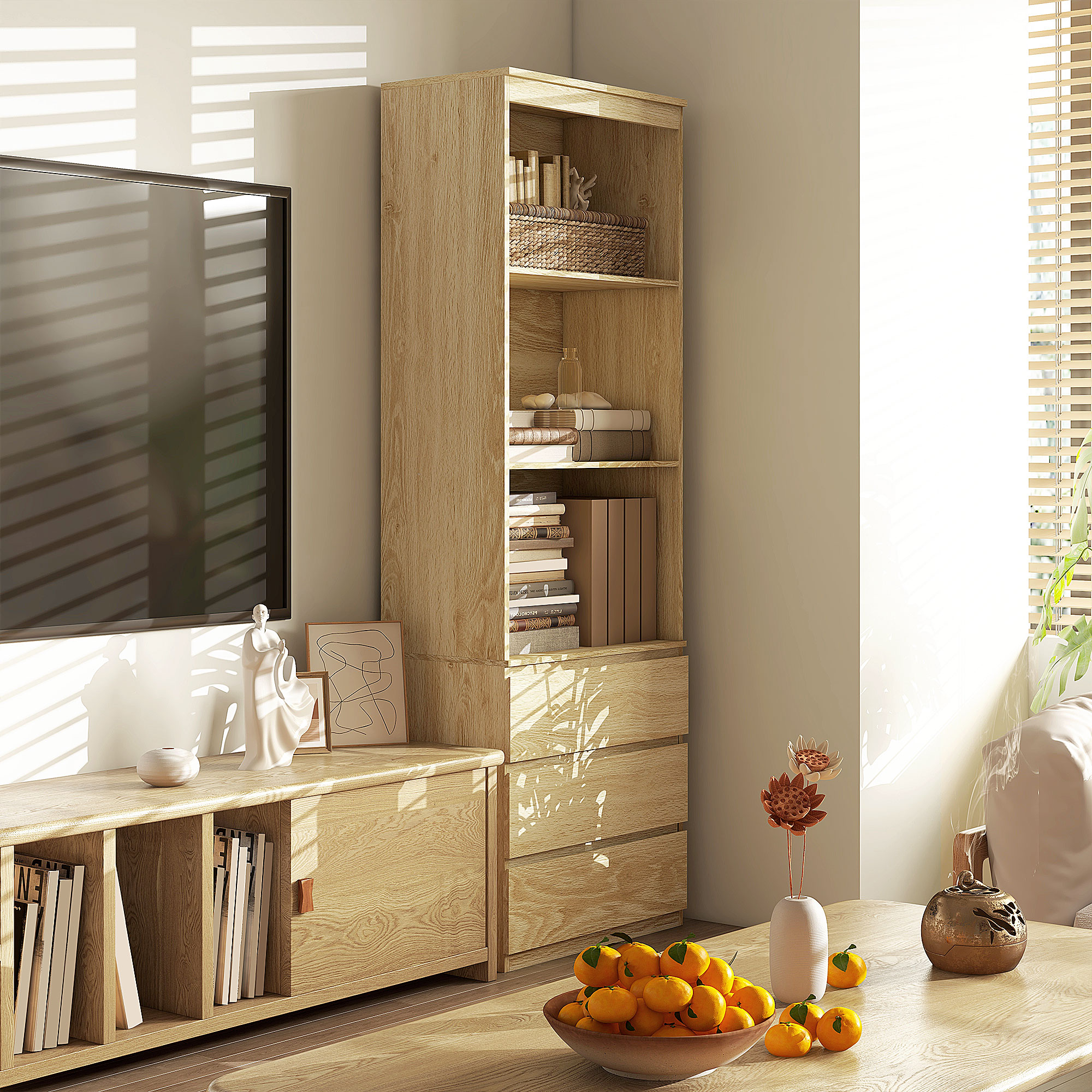 HOMCOM Bücherregal Aufbewahrungsregal hoch 180 cm mit 3 Regalen und 3 Schub günstig online kaufen