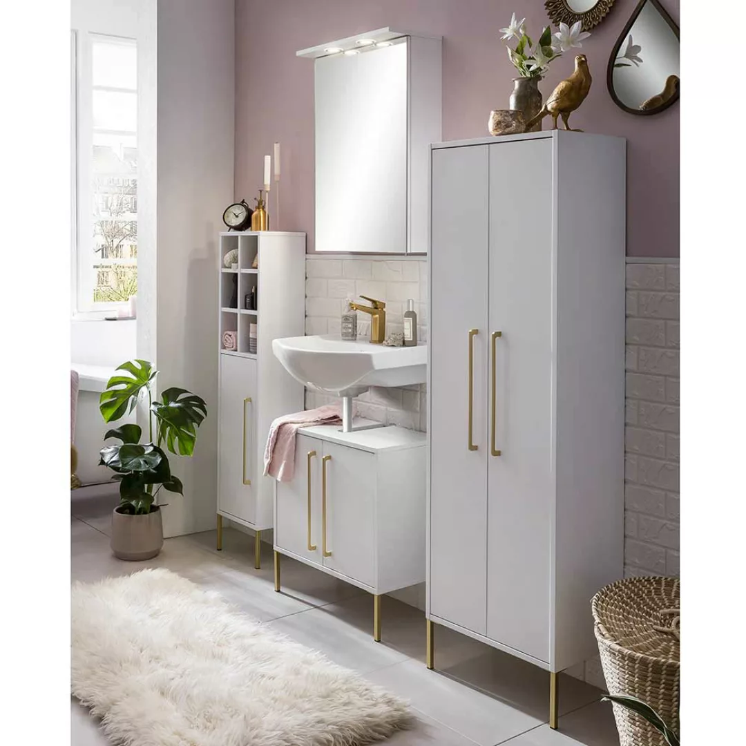 Elegante Badmöbel in Weiß und Goldfarben Spiegelschrank (vierteilig) günstig online kaufen
