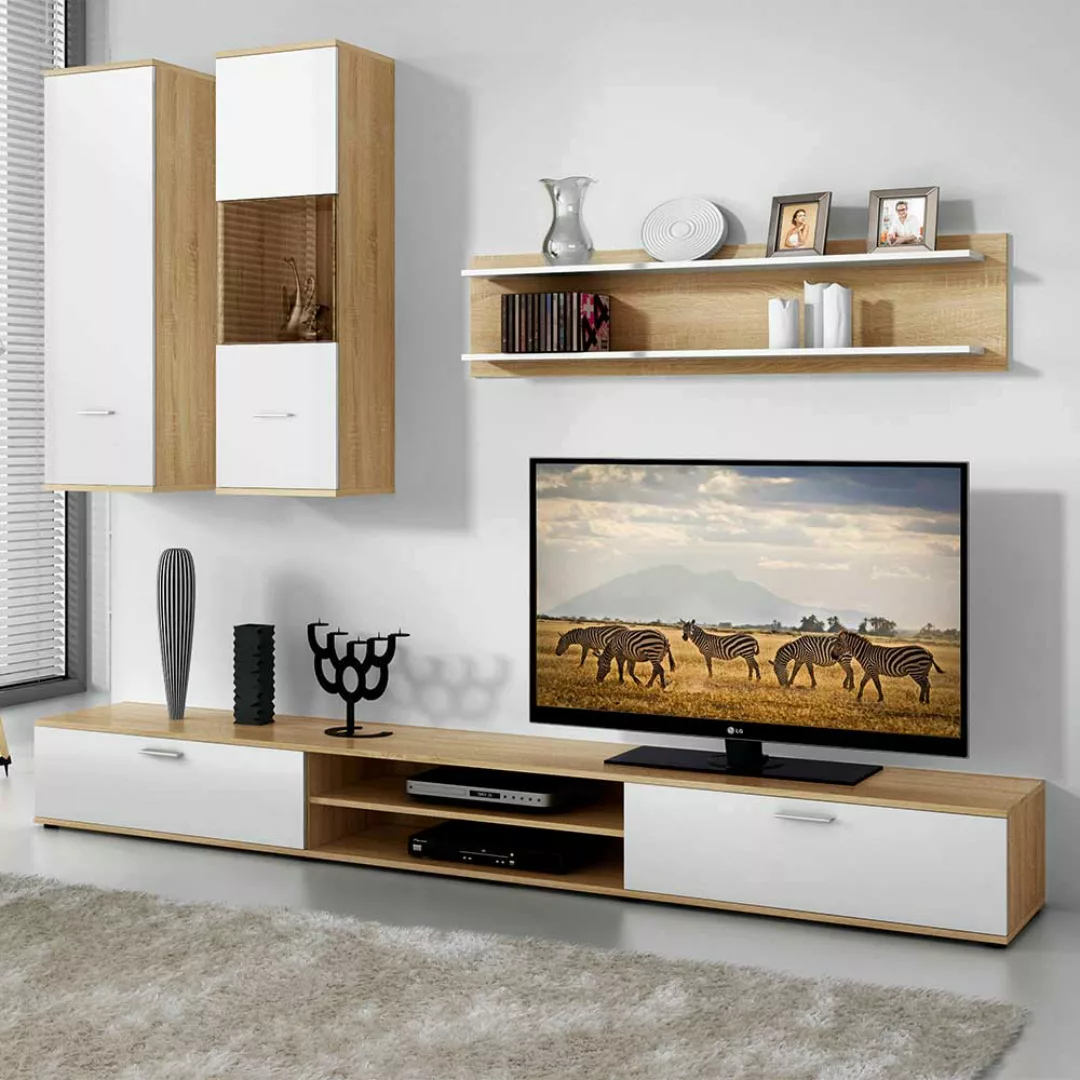 Design Wohnwand in Sonoma-Eiche und Weiß 190 cm breit (vierteilig) günstig online kaufen
