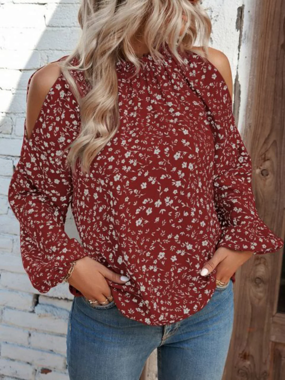 ZWY Shirtbluse Damen Kalte Schulter Läufer Ärmel Floral Print Bluse Shirt T günstig online kaufen