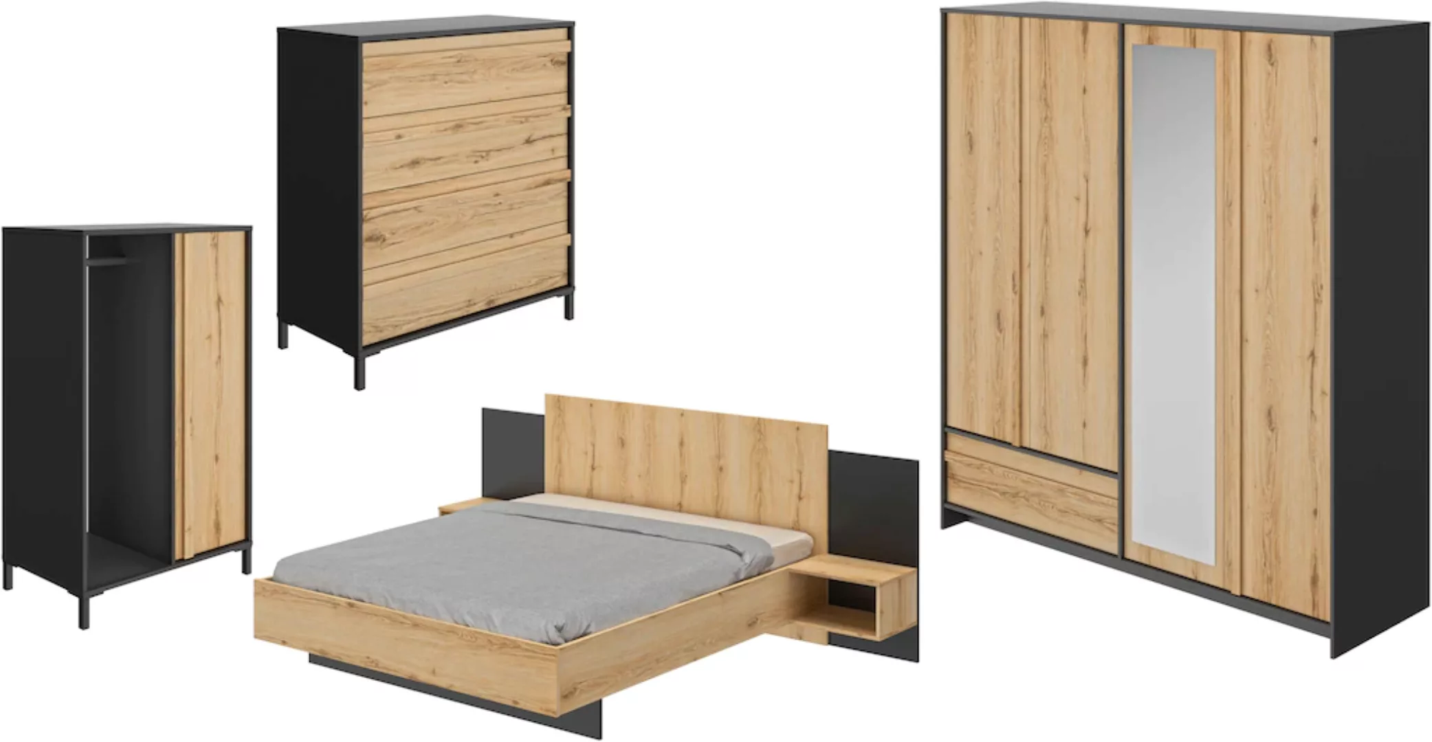 Gami Schlafzimmer-Set "Mimizan", (4 St., Bett, 2x Nachttische, Kleiderschra günstig online kaufen