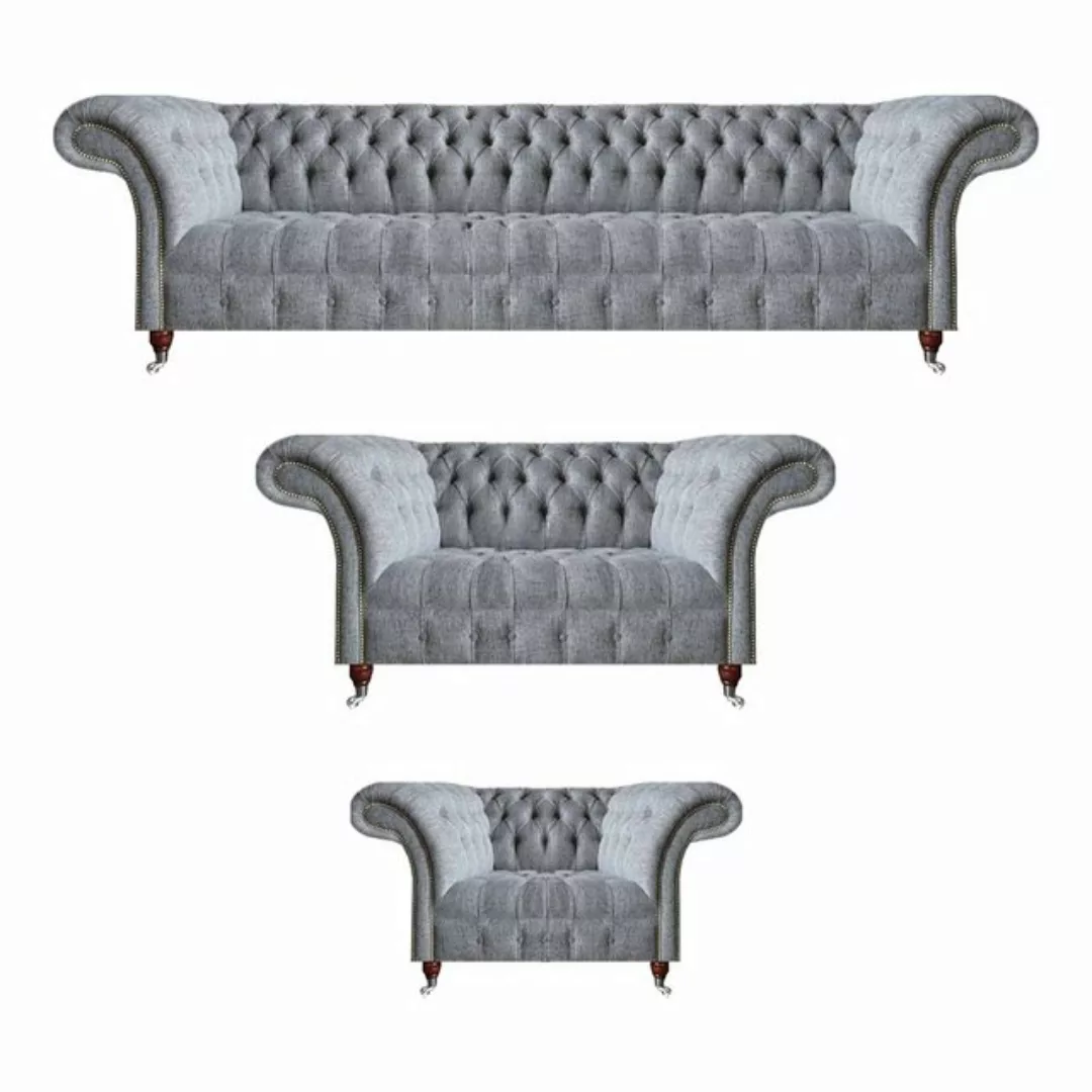 JVmoebel Chesterfield-Sofa Sofagarnitur Grau Set 3tlg Design Möbel Sessel C günstig online kaufen
