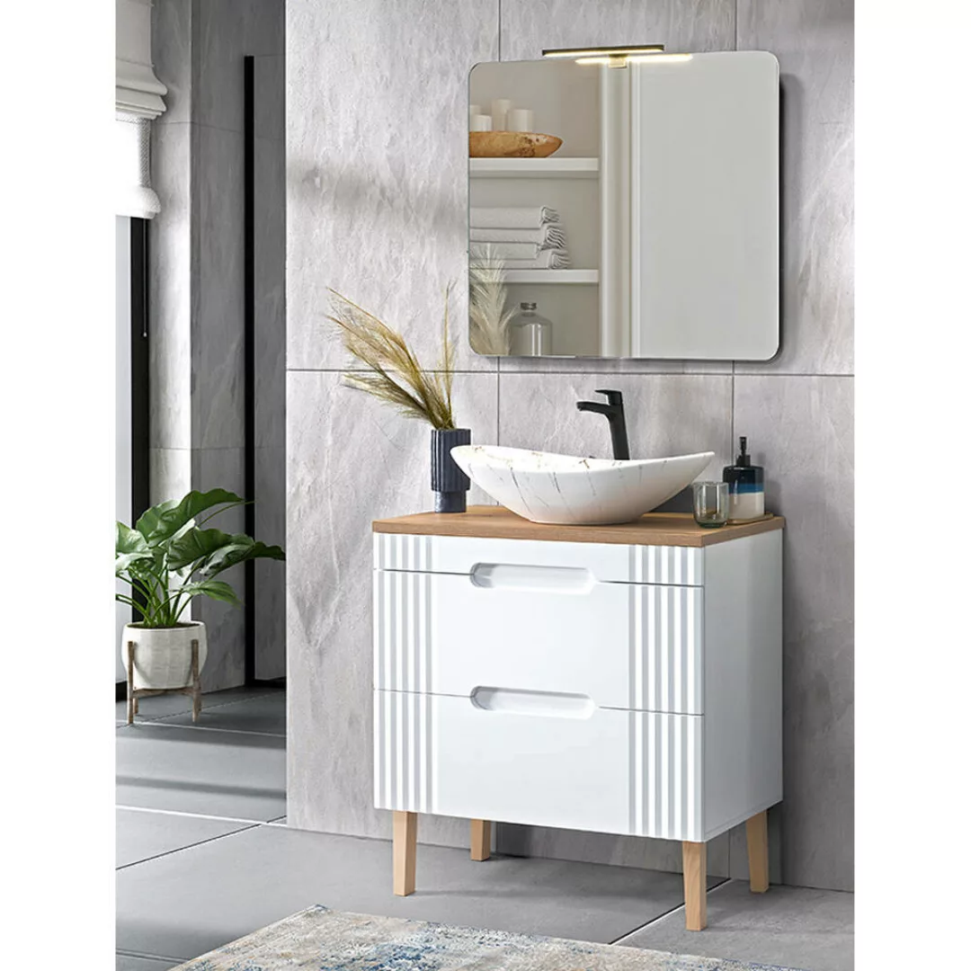 Badmöbelset weiß mit 80cm Waschtisch, Waschbecken, LED-Spiegel, FAIRFIELD-5 günstig online kaufen