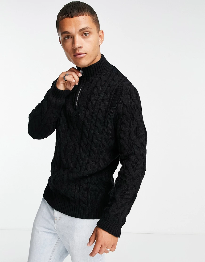 ASOS DESIGN – Schwerer Strickpullover in Schwarz mit kurzem Reißverschluss günstig online kaufen