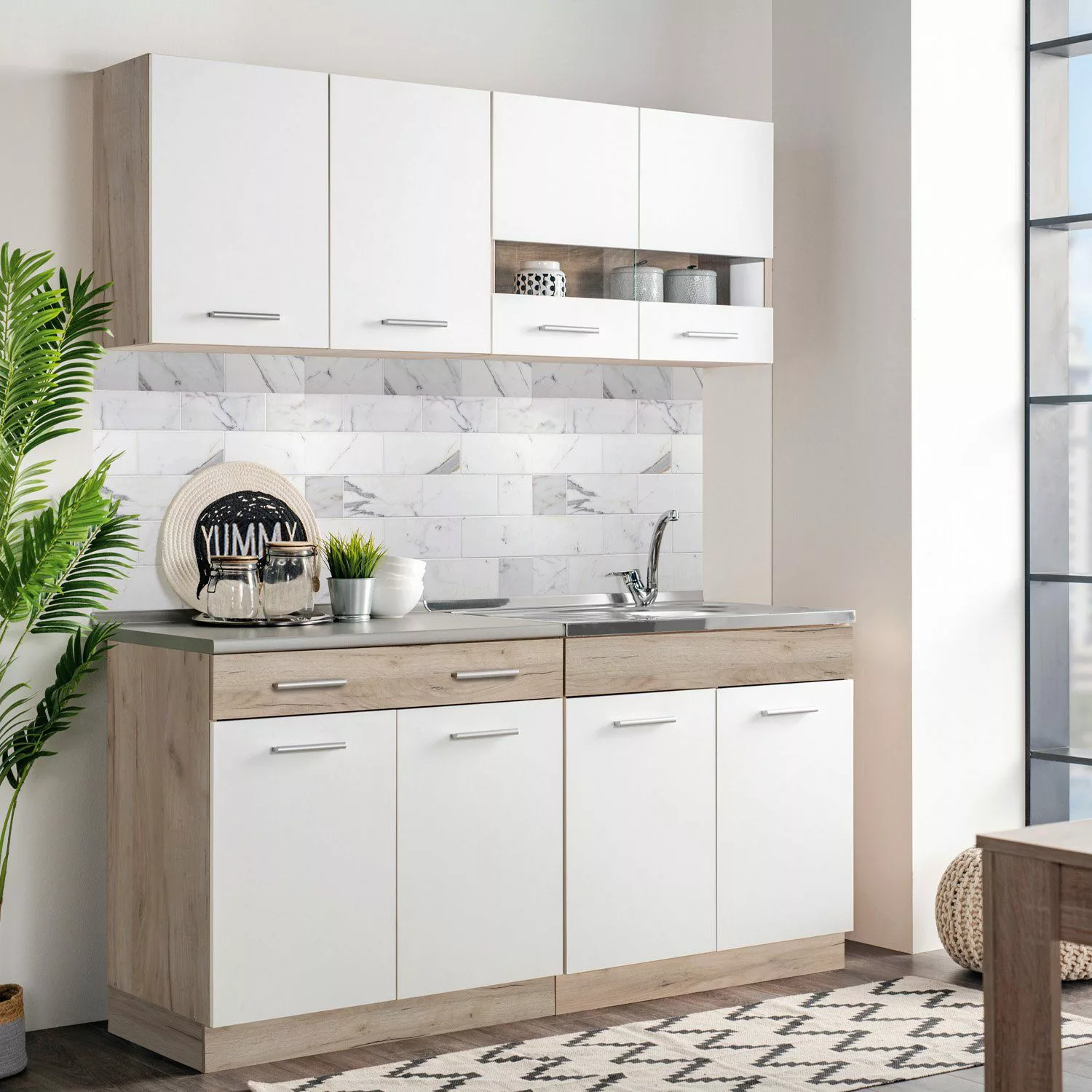 Homestyle4u Küchenzeile 160 cm Eiche Grau günstig online kaufen
