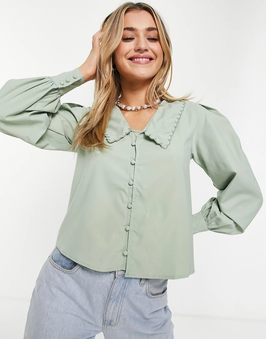 Daisy Street – Bluse mit Vintage-Kragen-Grün günstig online kaufen