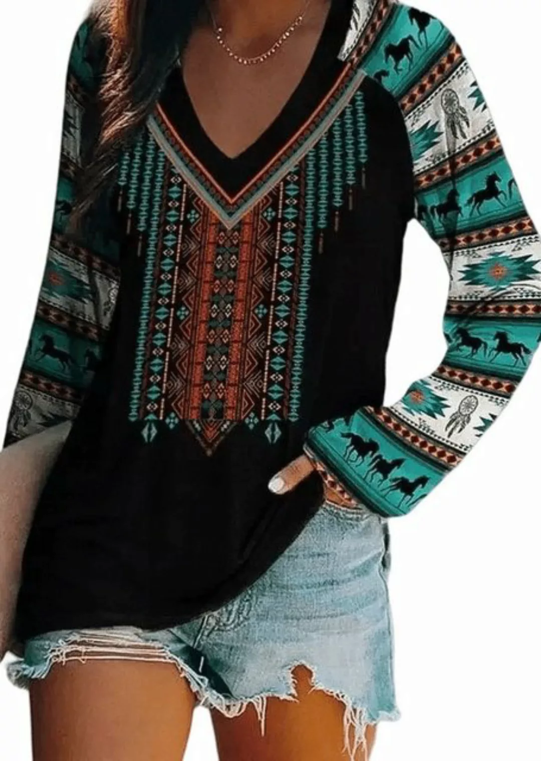 Nebelmeer Langarmshirt Langarm V-Ausschnitt Western-Bohemian-Style Langarm günstig online kaufen